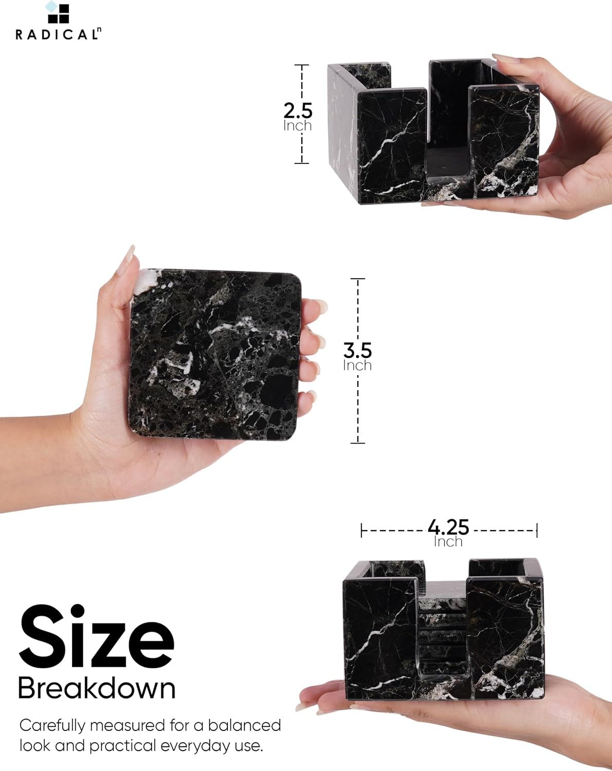 Holder / Marble Coasters Handmade 3.5" Square Coasters for Drinks / Black / Set of 6