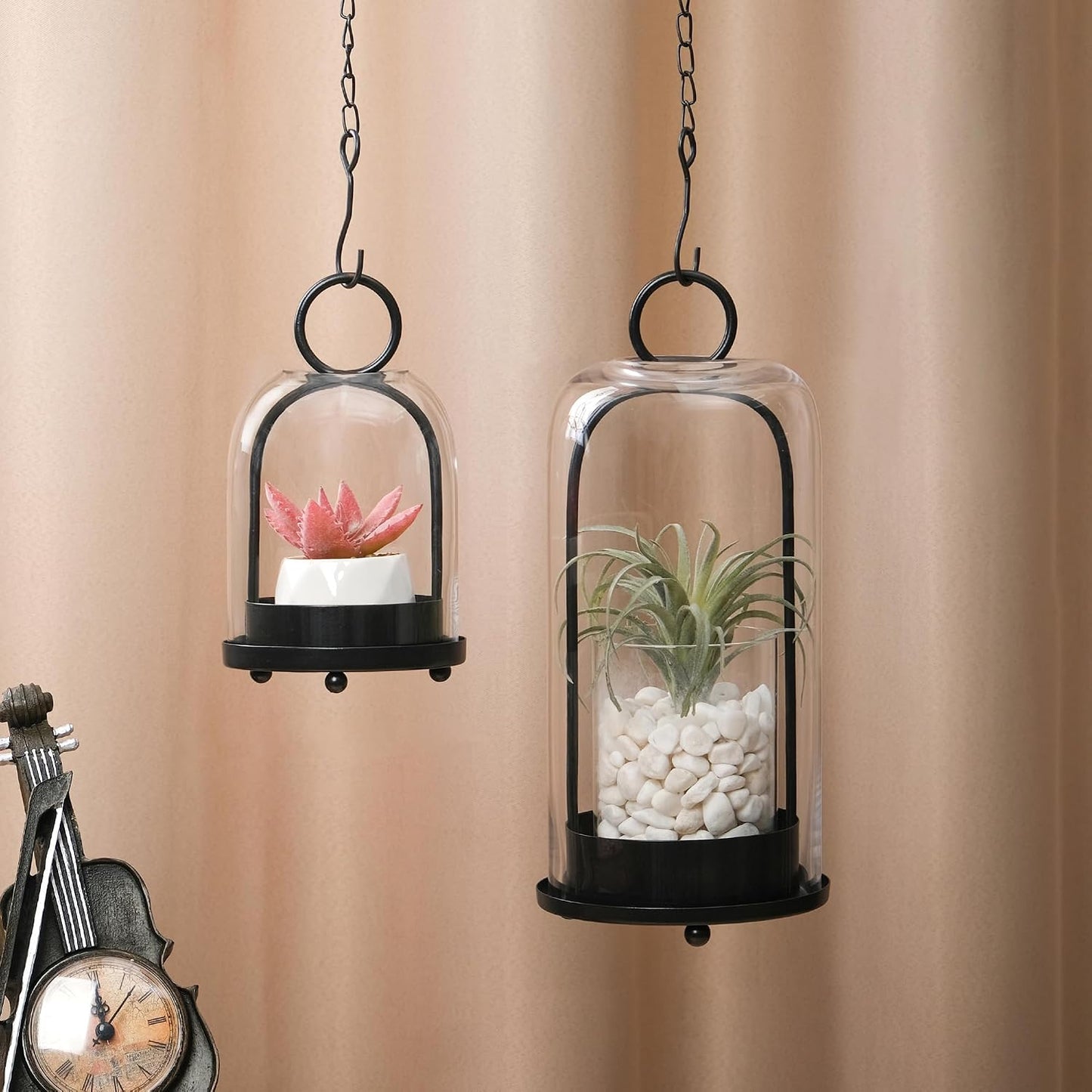 5" & 4" Wide Versatile Metal Candle Holder in Black with Handmade Thick, Heavy & Sturdy Glass Dome for Pillar Candle