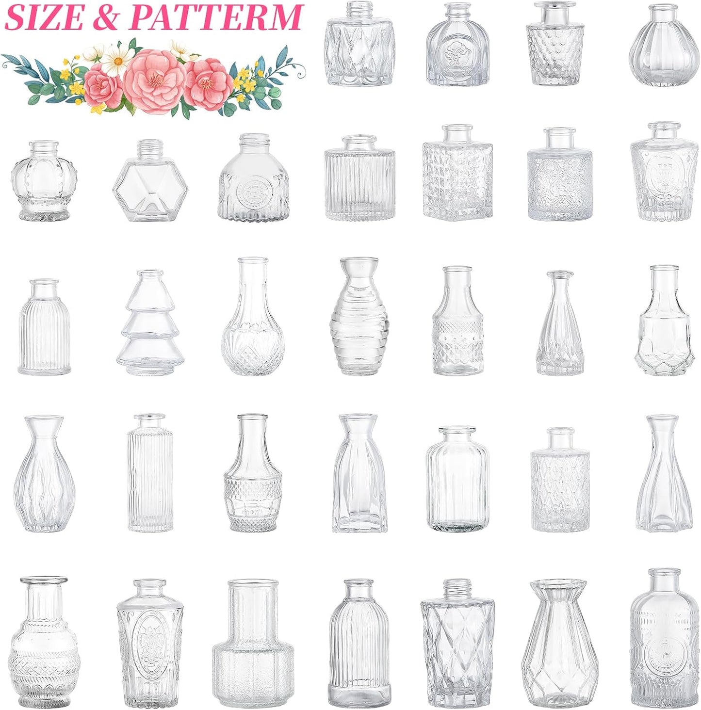 Small Vintage Bud Vase Set for Flowers / Clear / Set of 32