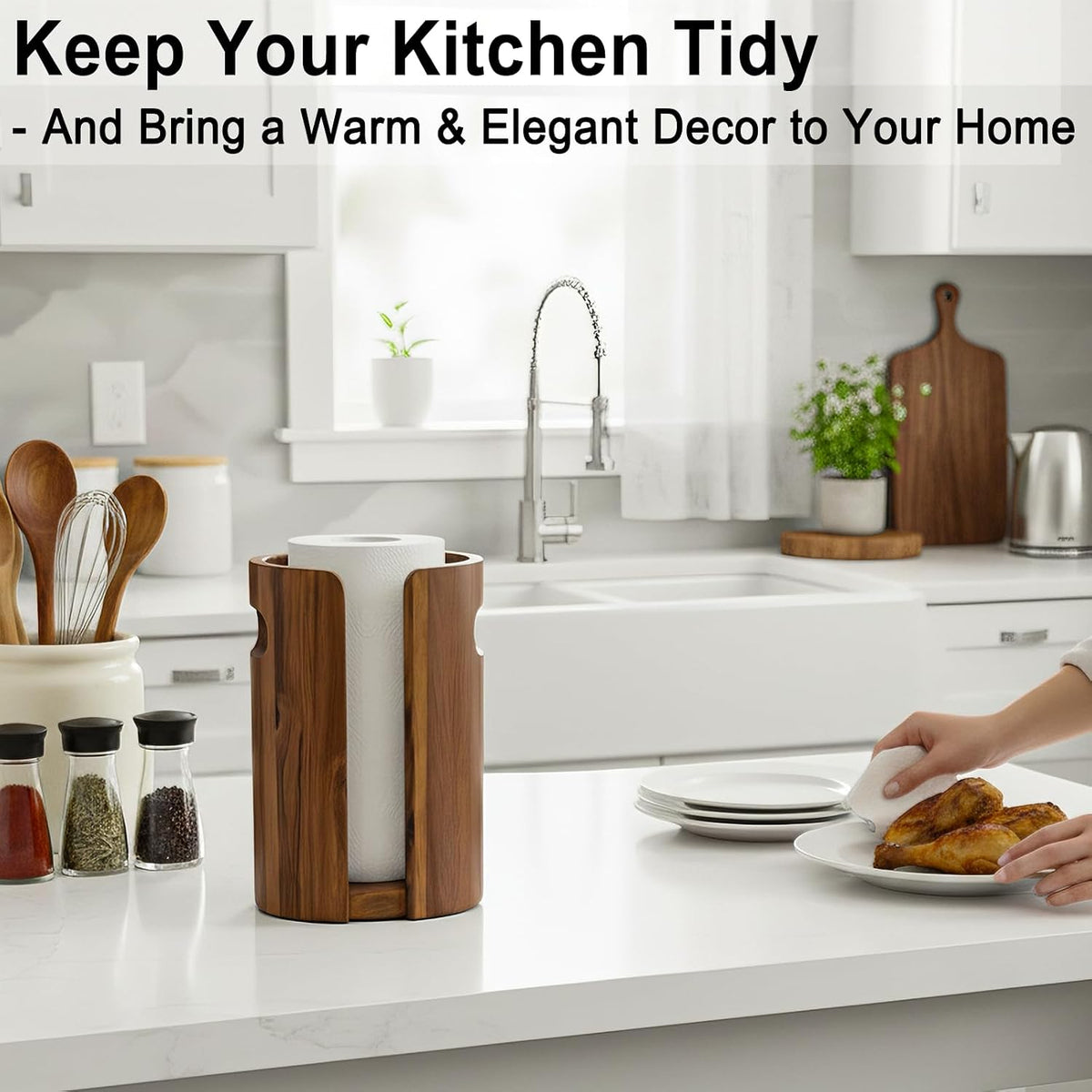 Acacia Wood Paper Towel Holder for Countertop with Splash Guard & Handles | Acacia Wooden Natural Color, Splash Guard