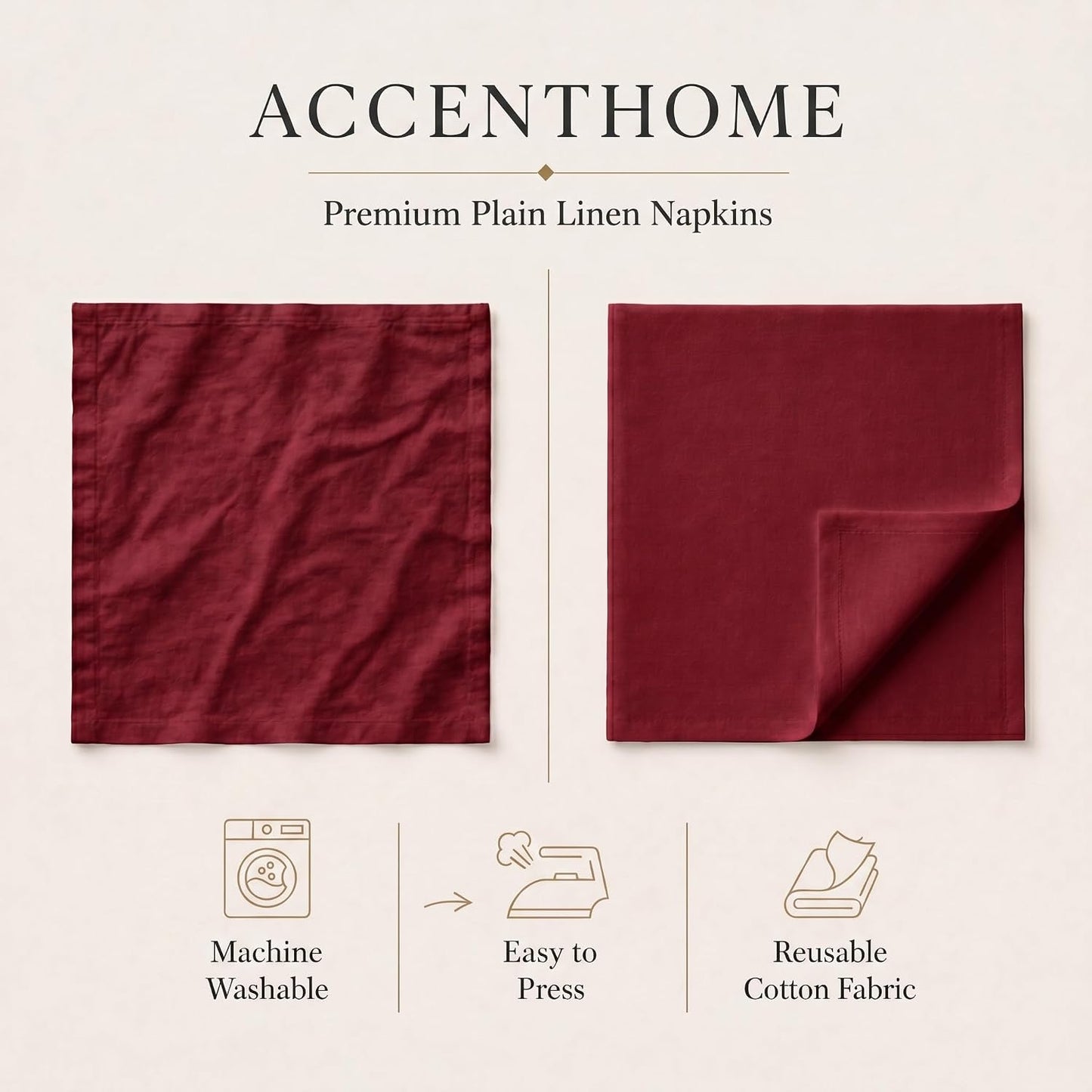 ACCENTHOME Red Cotton Linen Napkin Set of 12 18x18 inch Dinner Napkins | Cotton Linen Blend Napkins, Machine Wash On