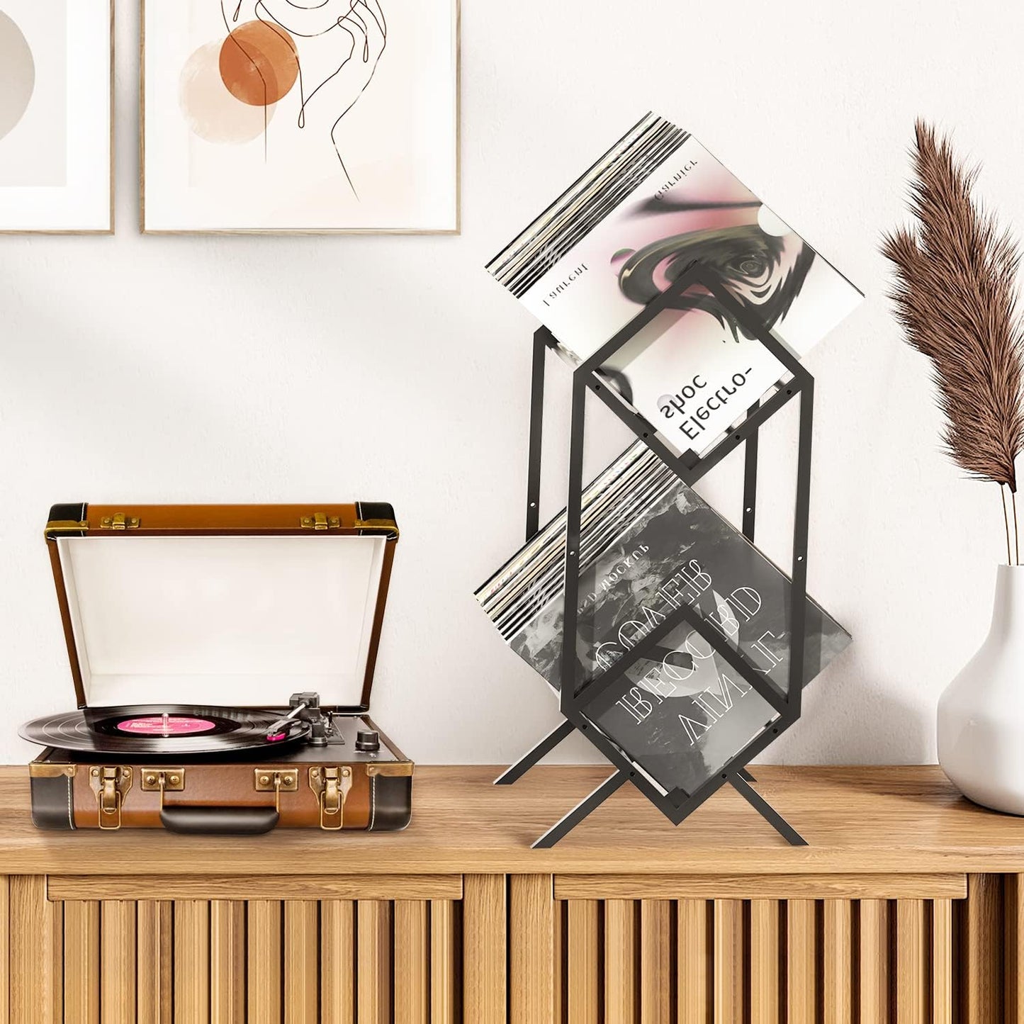 RUILALIFE 2-Tier-Vinyl-Record-Storage-Holder With Dividers, 200 LPs Albums Storage Rack Shelf, Steel Music Records