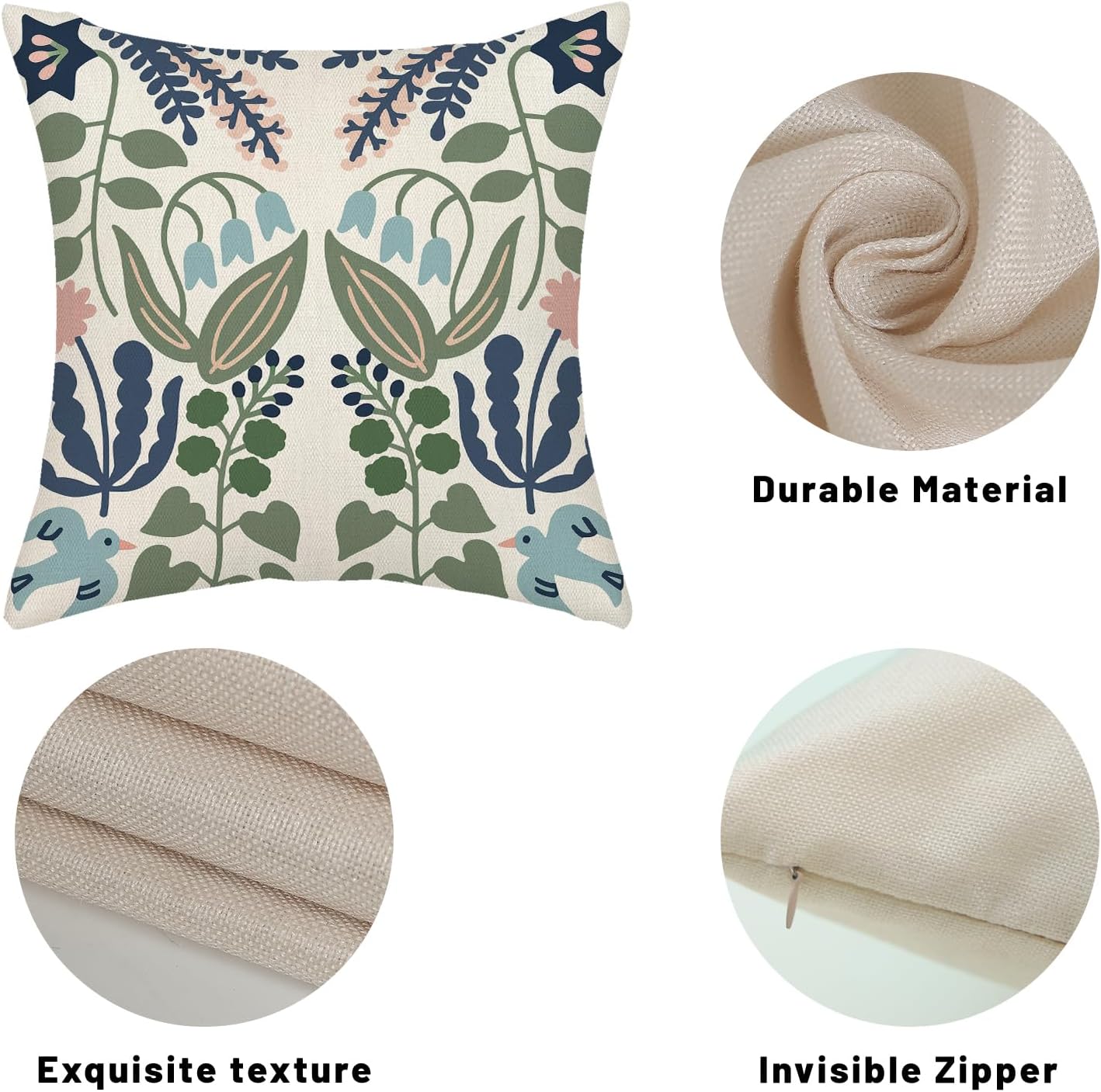 Navy Blue Boho Pillow Covers Sage Green Floral Decor / 18 x 18 / Blue Green Boho Floral / Set of 2