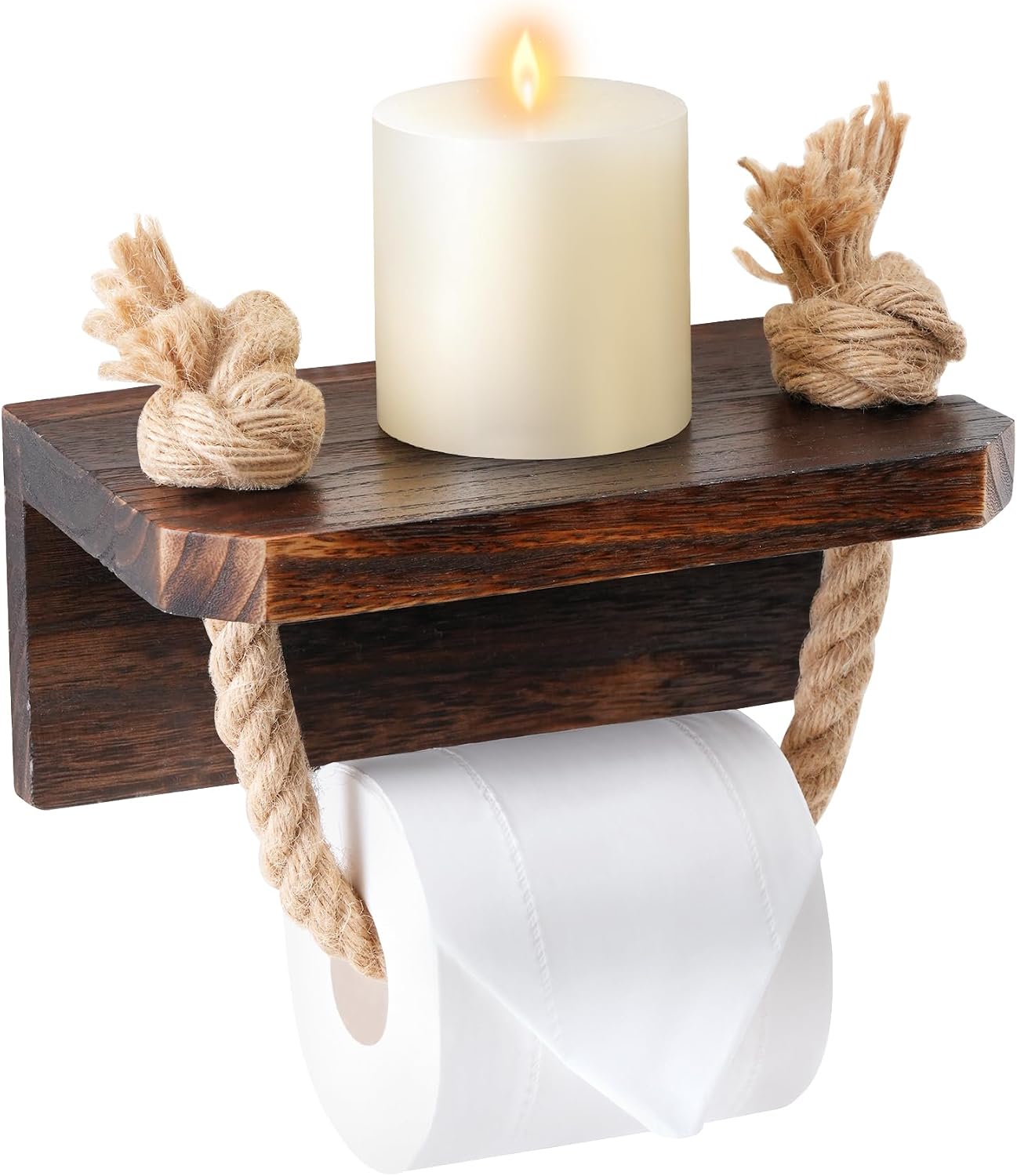 Wooden Toilet Paper Holder with Shelf Farmhouse Bathroom Decor | Rustic Rope Towel Rack Shelf Wall Mount Nautical Beach