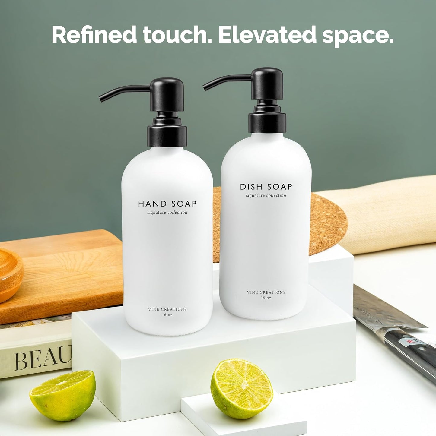 Vine Creations White Glass Soap Dispenser Set, Dish Soap and Hand Soap Dispenser Set with Stainless Steel Pump, 16 oz