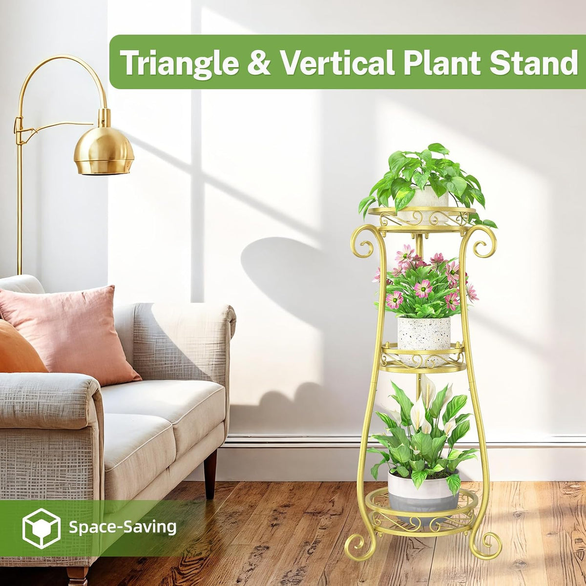 iDavosic.ly 3 Tier Tall Metal Plant Stand Outdoor Indoor, 34 Inch, Gold | Corner Flower Pot Holder Shelf, Wrought Iron