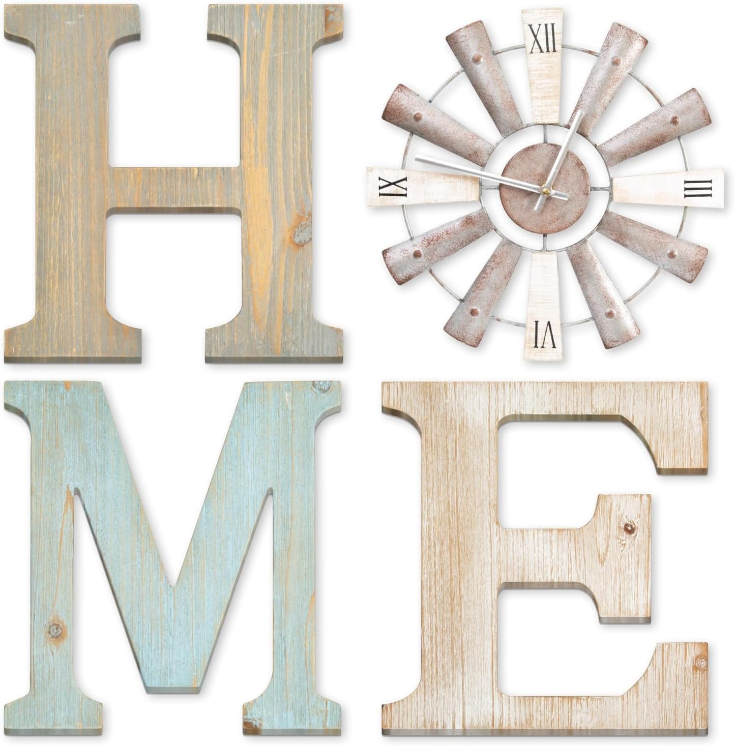 ZAZIWZ Farmhouse Home Signs with Windmill Clock Wall Decor Rustic Home Letters Wall Art for Living Room Kitchen