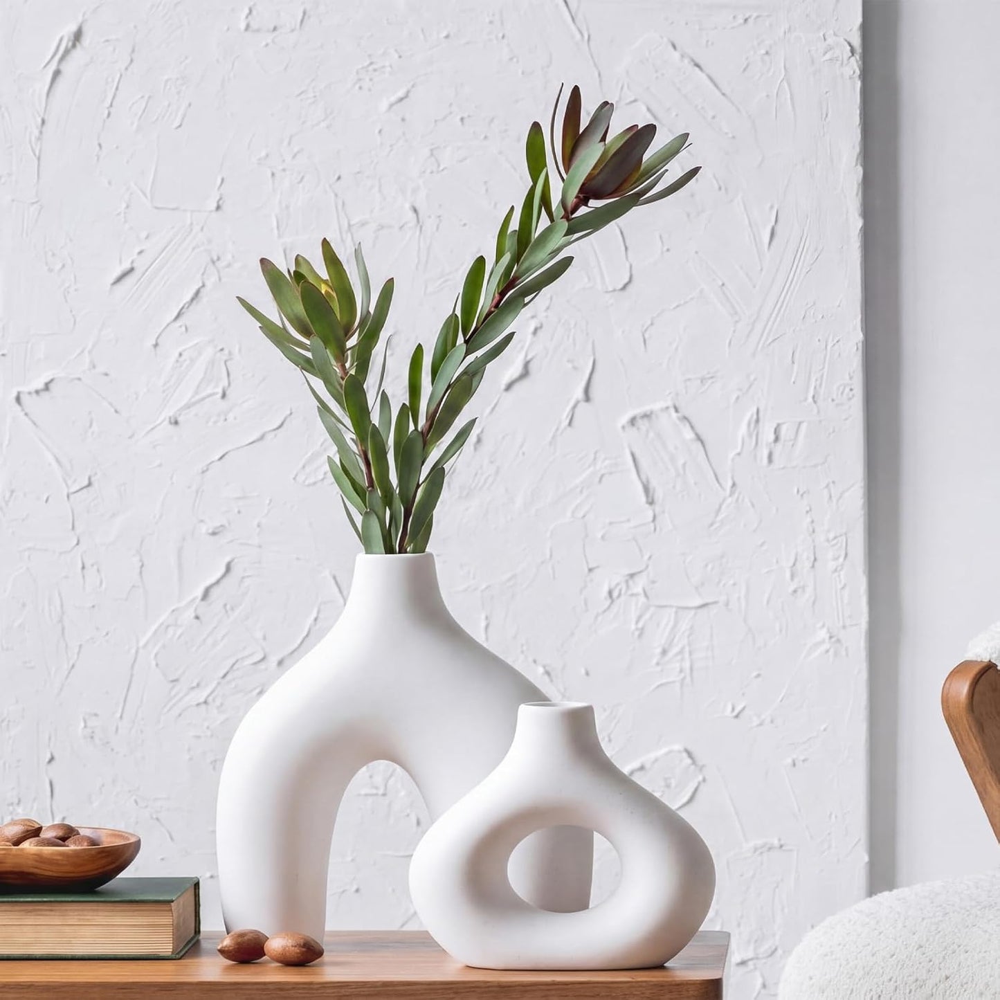 Mid Century Modern Decor Ceramic Donut Vases / White / Set of 2
