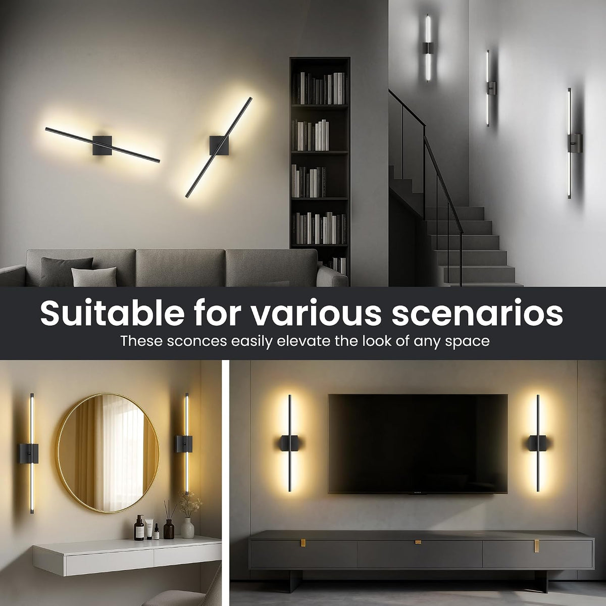 10000mAh Rechargeable Wall Lights, Black, 29 Inch, 3CCT, 2 Pack | Battery Operated Wall Sconces Set of 2, Remote