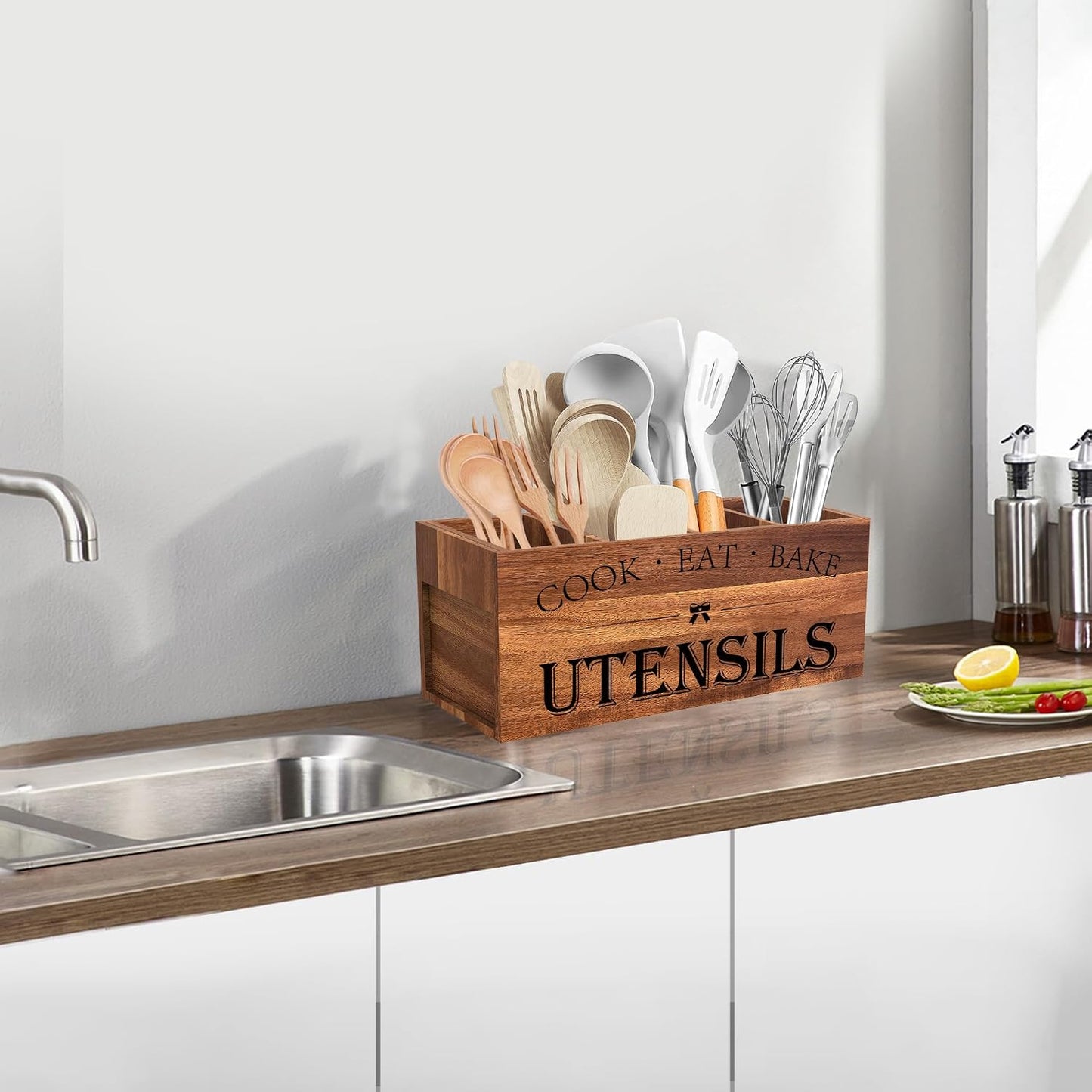 Suli Extra Large Utensil Holder Countertop for Kitchen Counter,Acacia Wood | Hold 40 Utensils,4 Removable Divider,Rutic