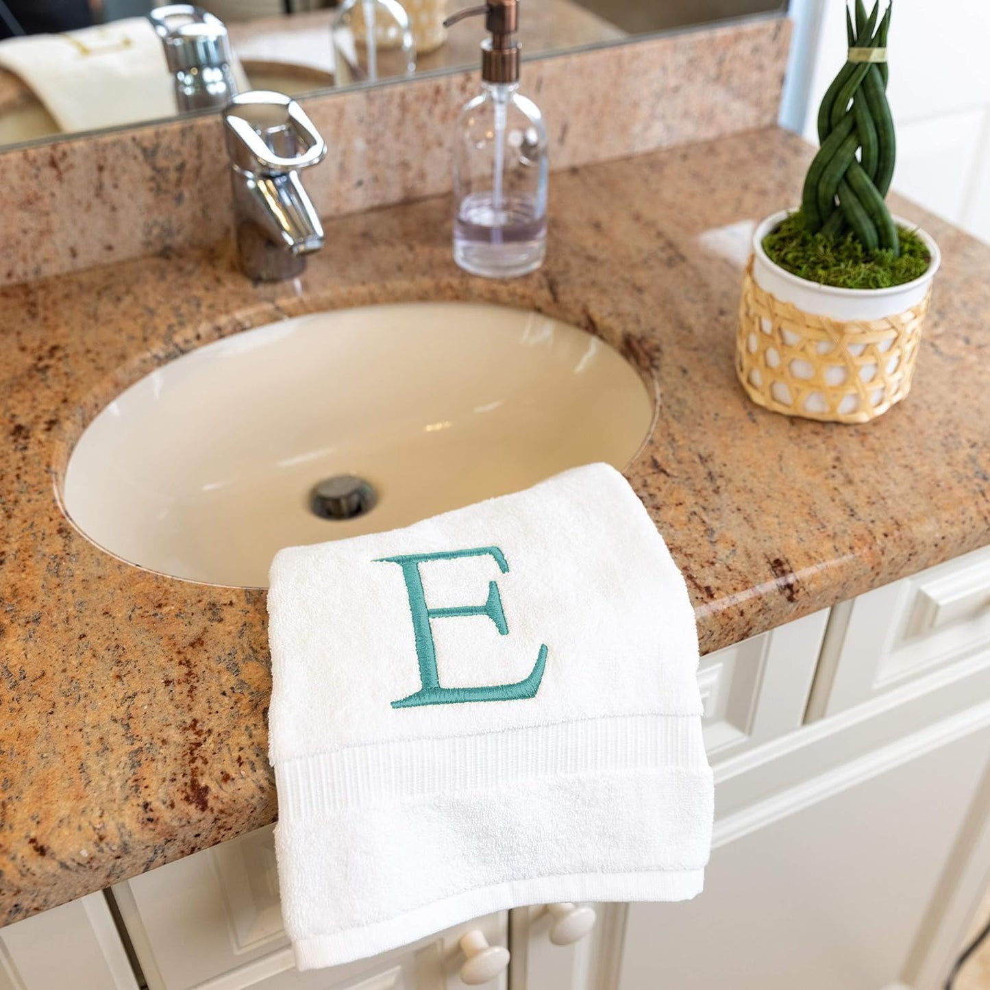White with Teal Monogrammed Hand Towels for Bathroom - Set of 2 Letter E | Luxury Hotel Quality Initial Towels For