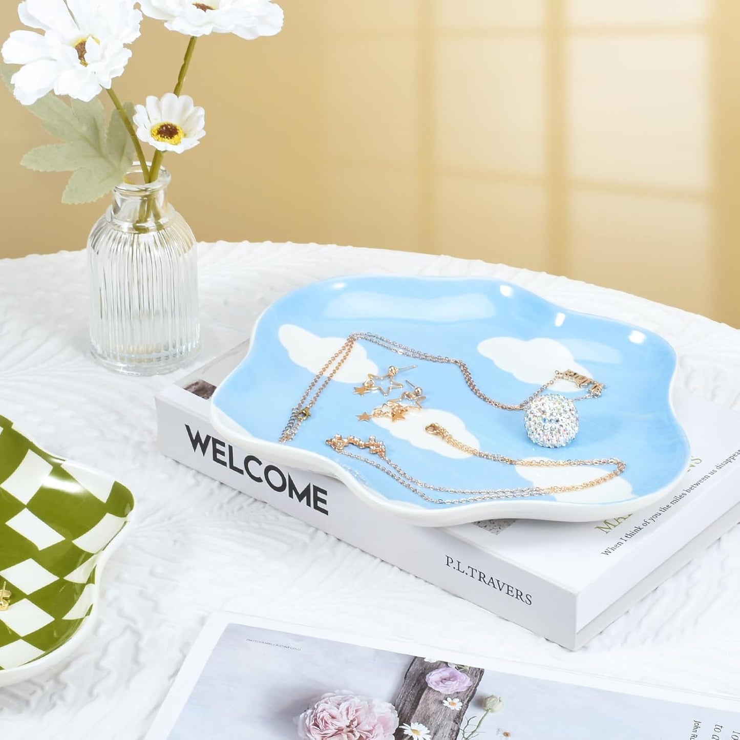 Ceramic Jewelry Dish Trinket Tray Organizer / Blue Sky and White Clouds