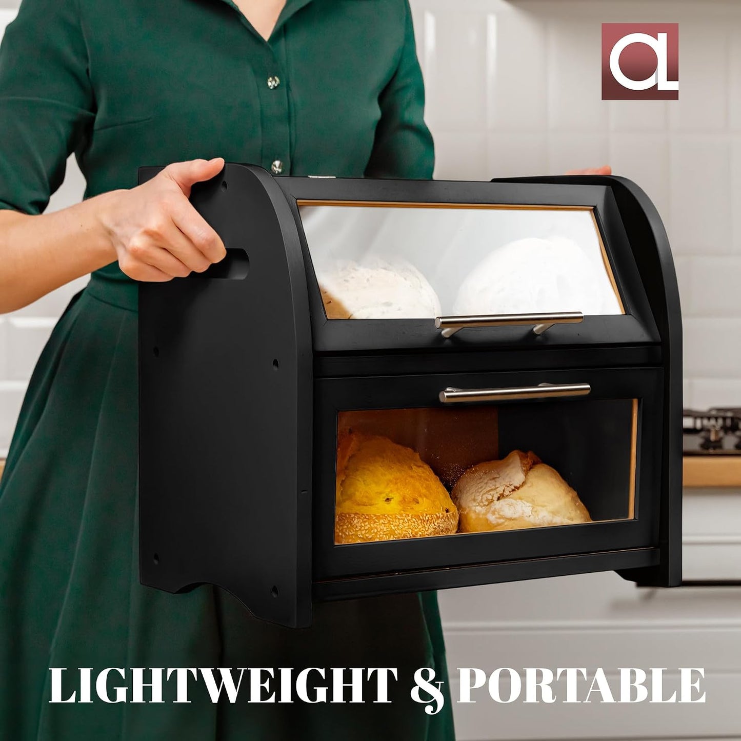 Arise Stylish Bamboo Bread Box for Kitchen Countertop, Extra Large 2-Shelf Wooden Bread Storage Container with Clear