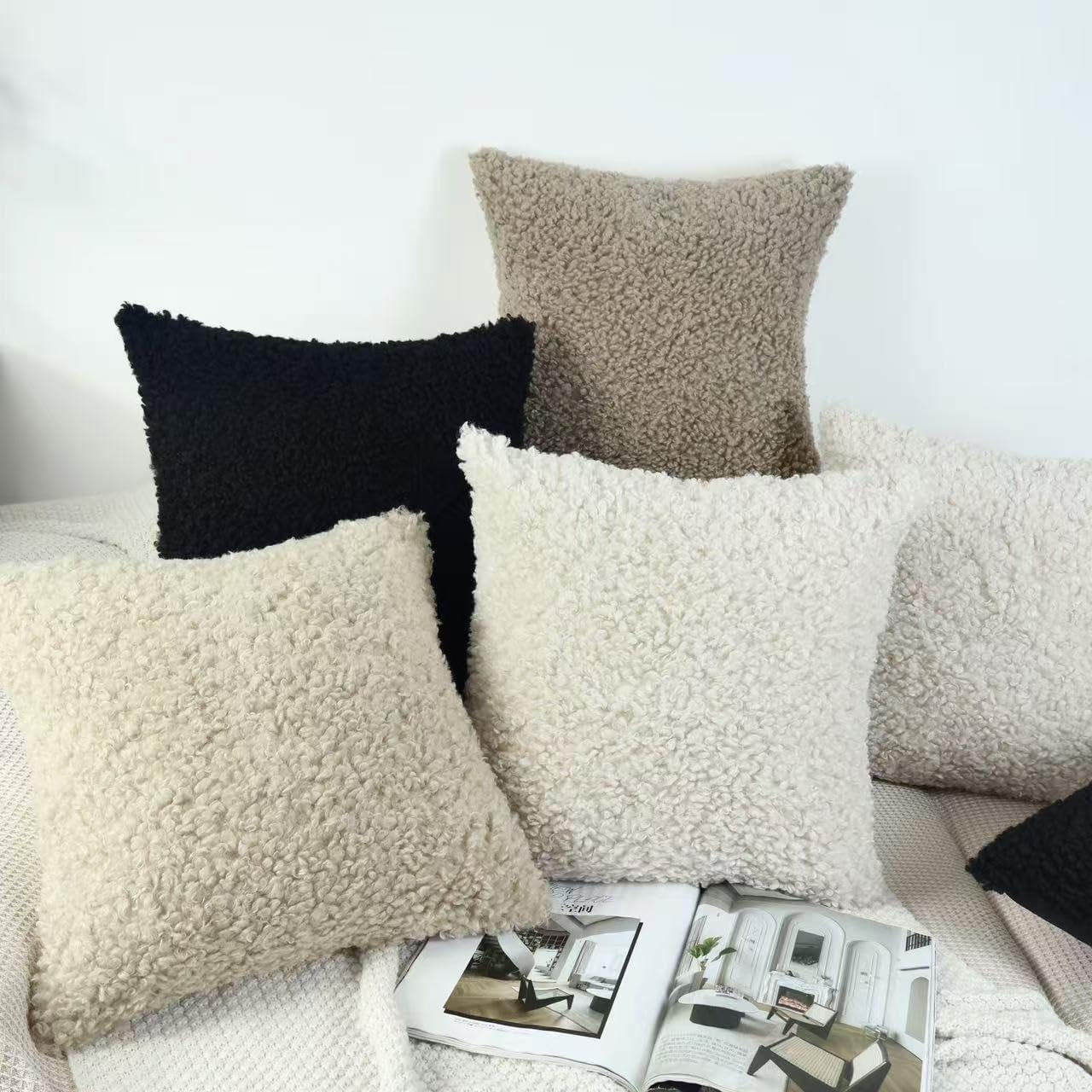 Faux Fur Decorative Pillow Covers Soft Fluffy Sherpa Boucle Throw / Black / 18 x 18 / Set of 2
