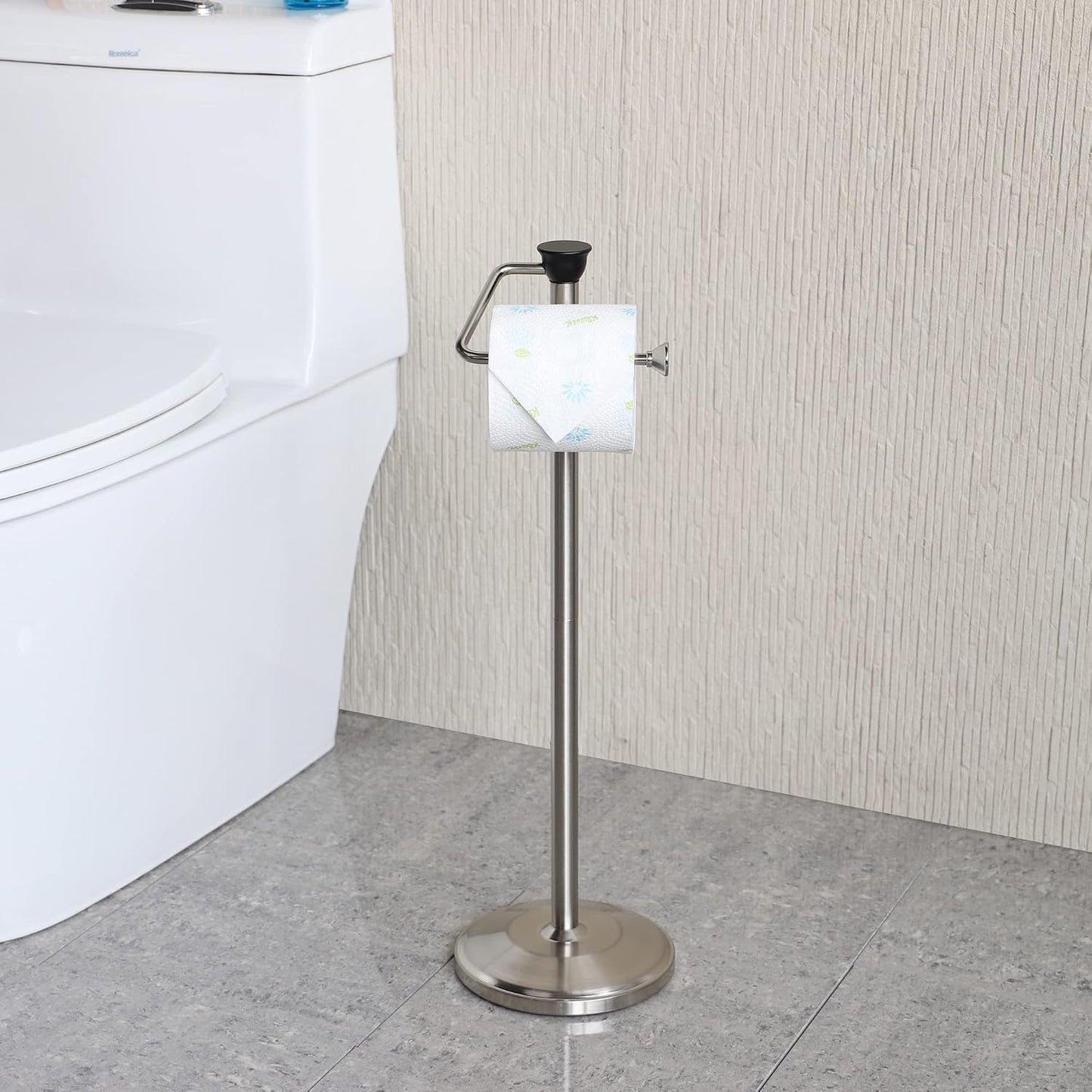Toilet Paper Holder with Storage - Free Standing Tissue Dispenser - Nickel Finish - Holds up to 5 Mega Rolls - No Tools