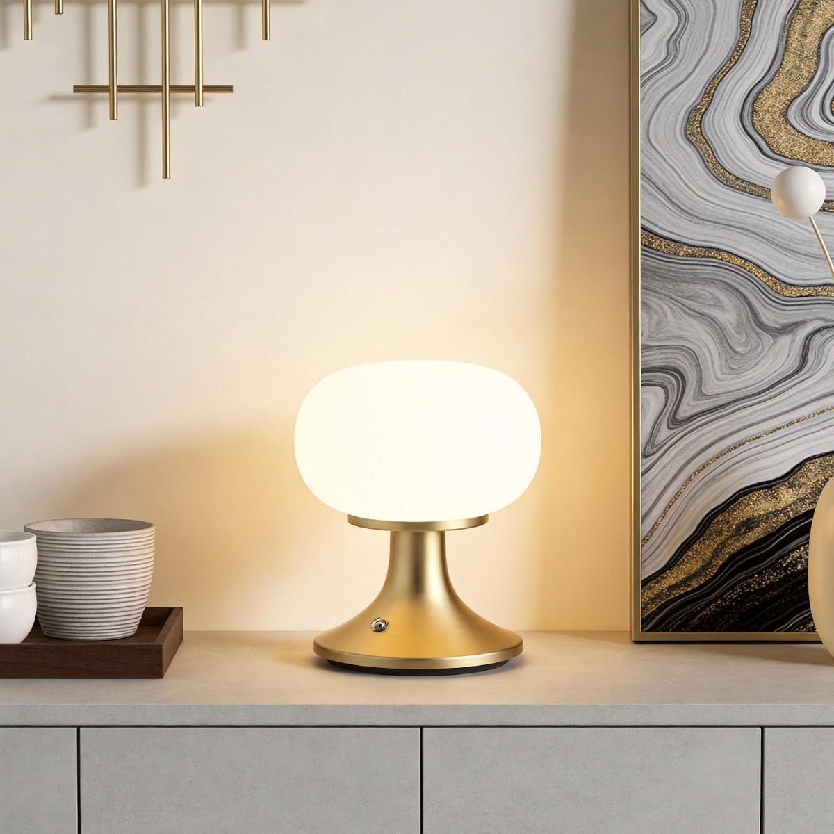 Cordless Mushroom Table Lamp - Stepless Dimming - 2700K Warm Light - Gold | Aluminum Base & Glass Shade - 150LM