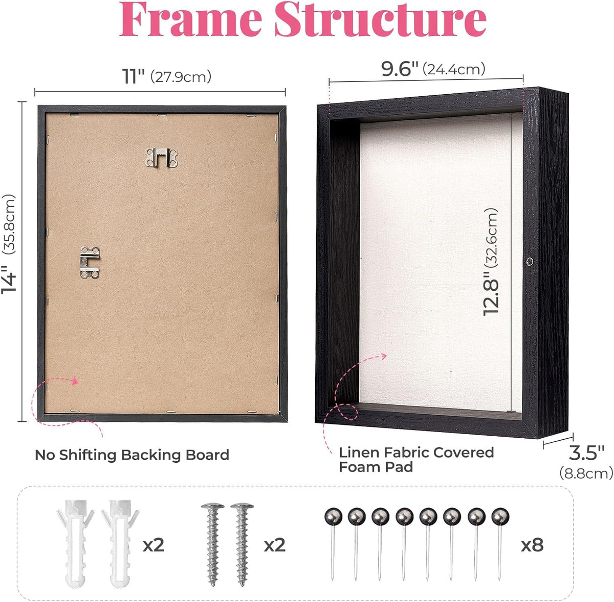 HOUSE DAY 11x14 Deep Shadow Box Frame with Linen Back, Pins, Black | 2.4 in Usable Depth for Pet, Baby Keepsakes