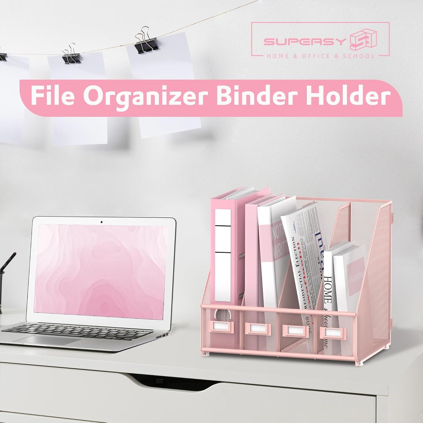 4-Compartment Magazine File Holder and File Organizer for Desk, Pink | Metal Magazine Holder and Magazine File Holder