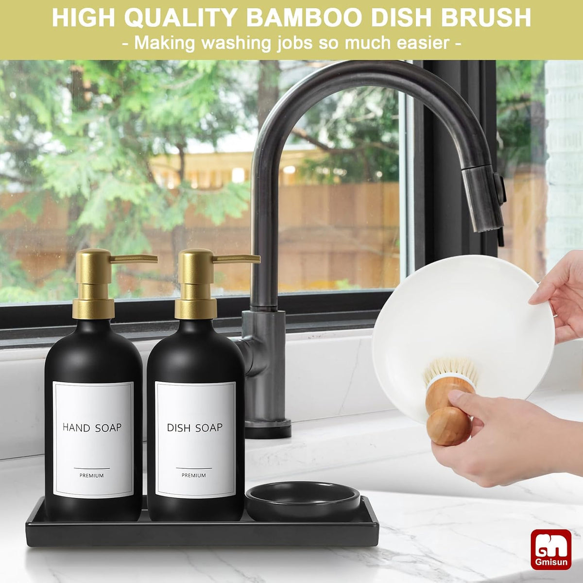 GMISUN Dish Soap Dispenser for Kitchen, 17 fl oz Dish Soap Dispensers with Ceramic Tray & Bamboo Brush & Gold Pump