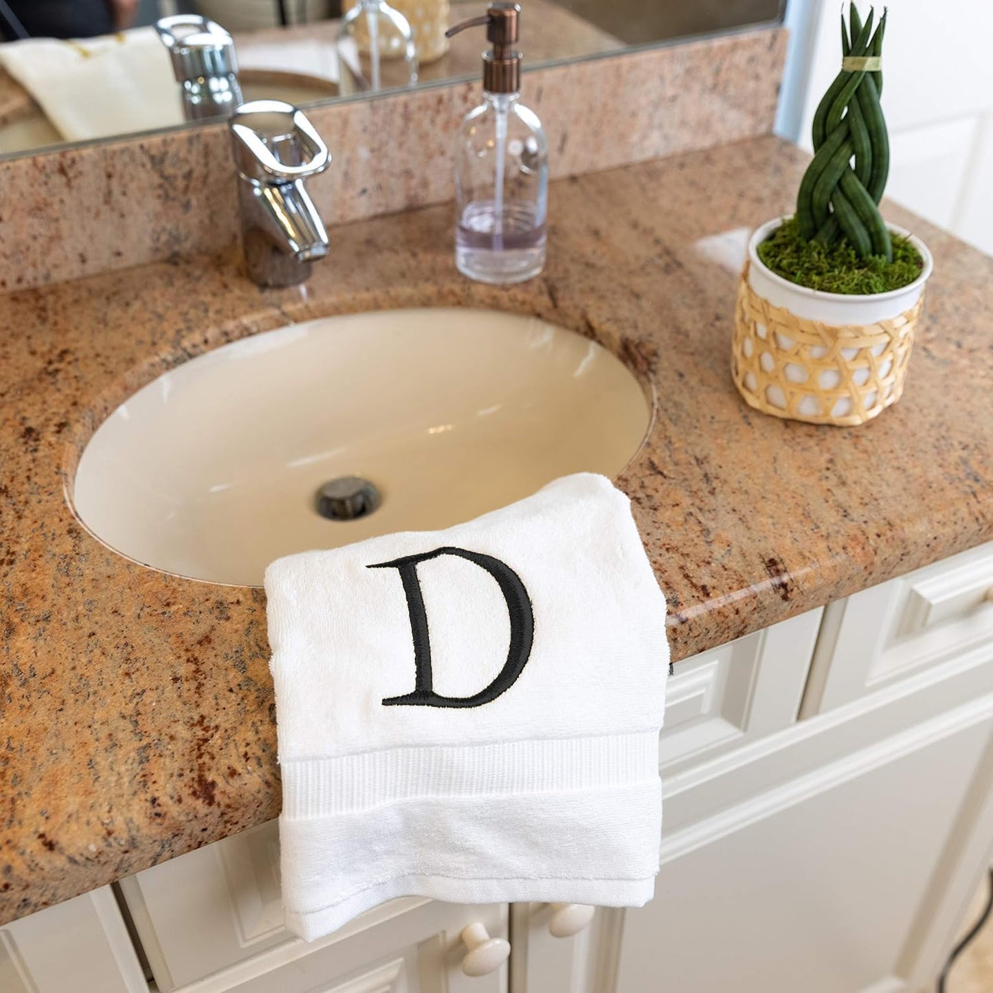 White with Dark Gray Monogrammed Hand Towels for Bathroom Set of 2 Letter D | Luxury Hotel Quality Initial Towels For