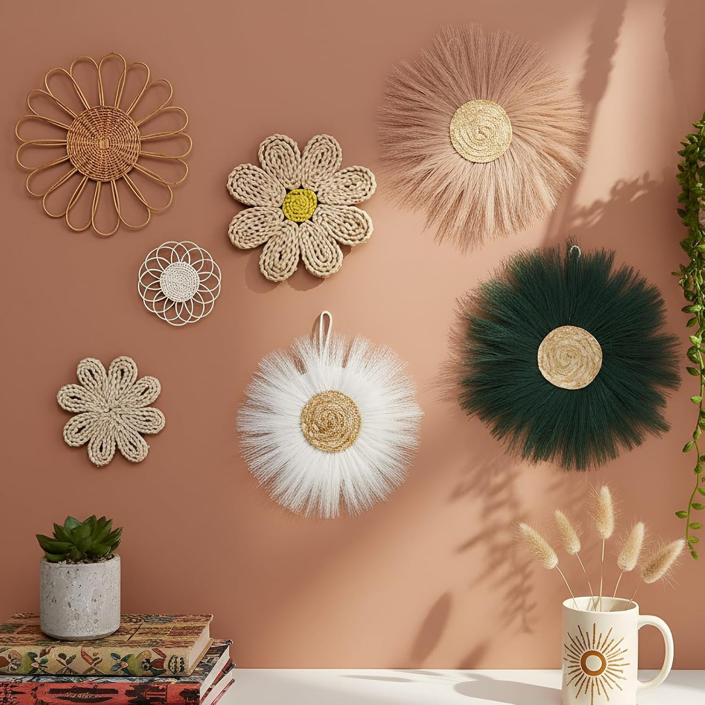 Boho Wall Basket Decor Rattan Flower Wall Decor Nursery Daisy Flower / Emerald Green / Set of 7