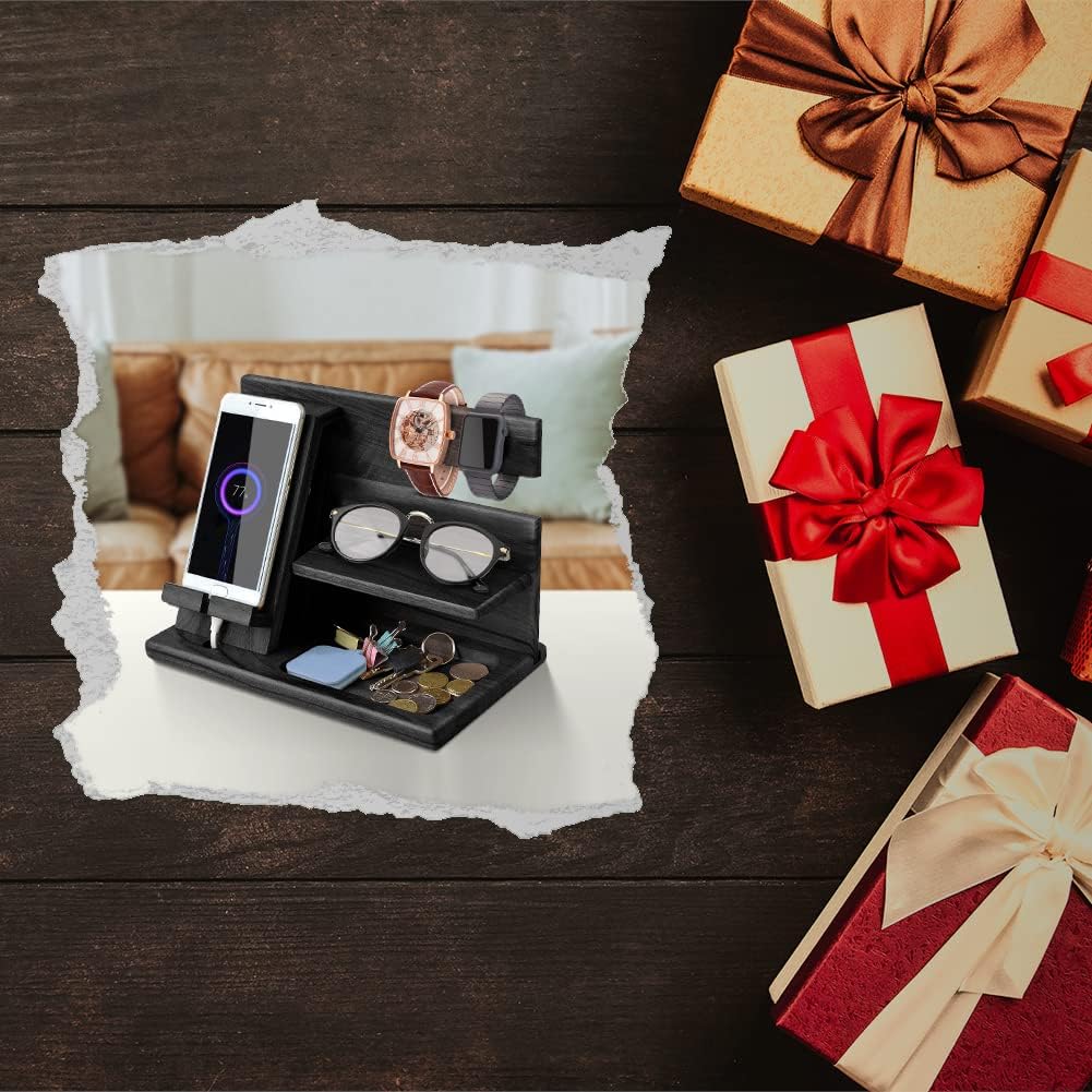 Gifts for Men Bedside Organiser Wood Phone Docking Station Dad Birthday Gifts for Him Nightstand Key Wallet Watch Stand