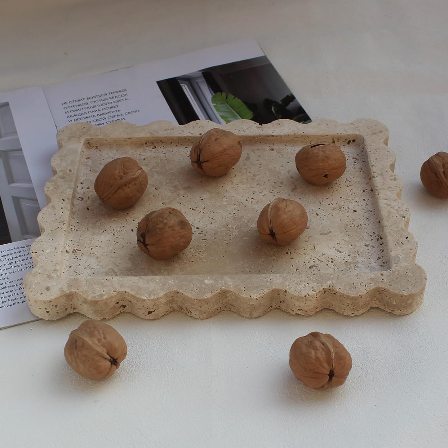 Natural Scalloped Marble Tray / Beige Travertine / 10.8 x 8