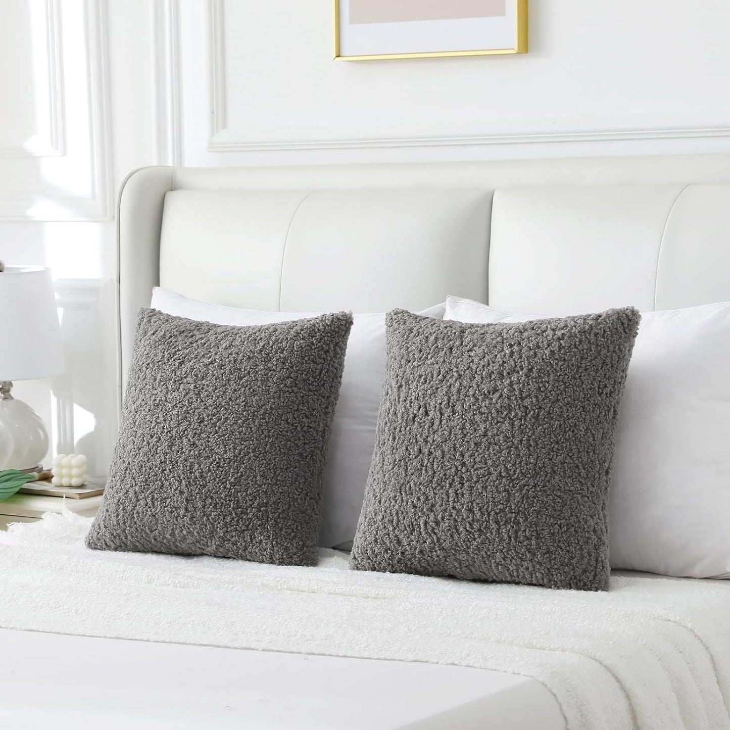 Furry Faux Fur Teddy Boucle Textured Cushion Covers / Dark Grey / 18 x 18 / Set of 2