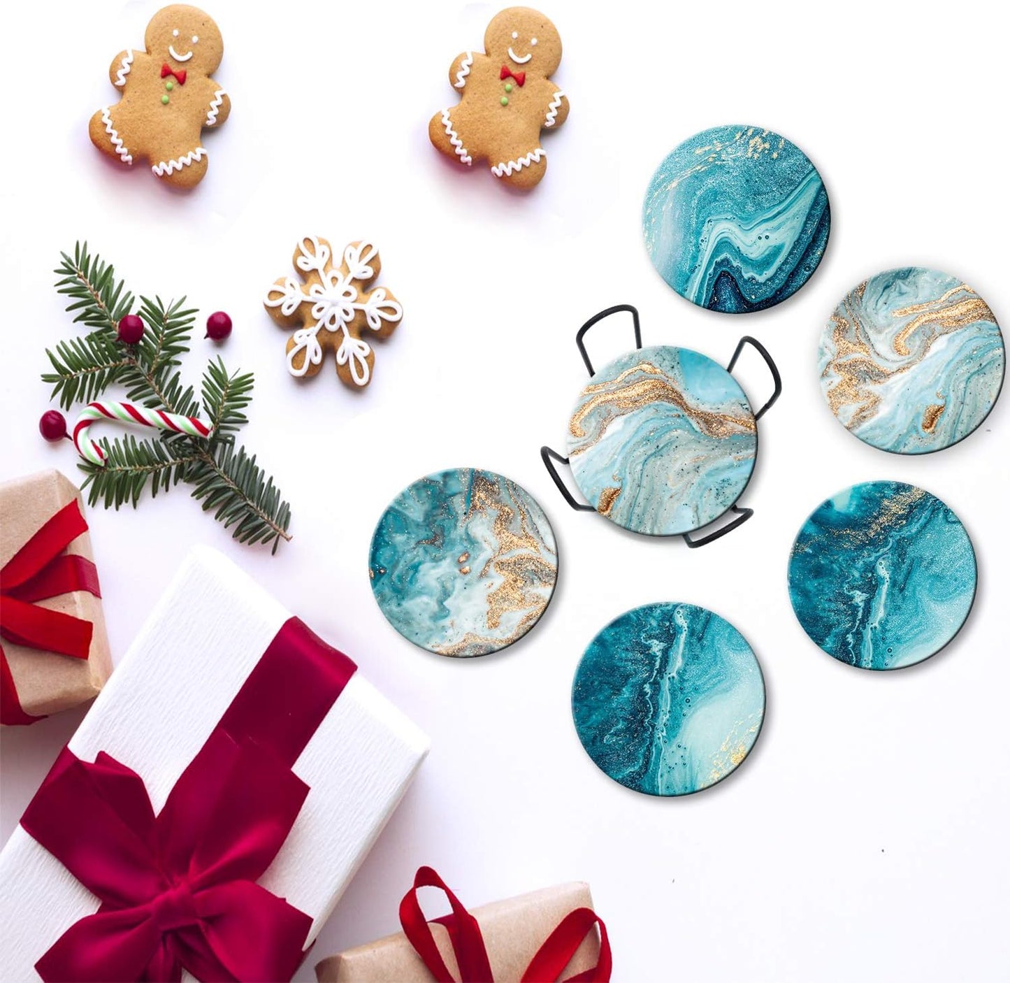 Holder / Round Absorbent Ceramic Stone Coasters / Blue / Set of 6