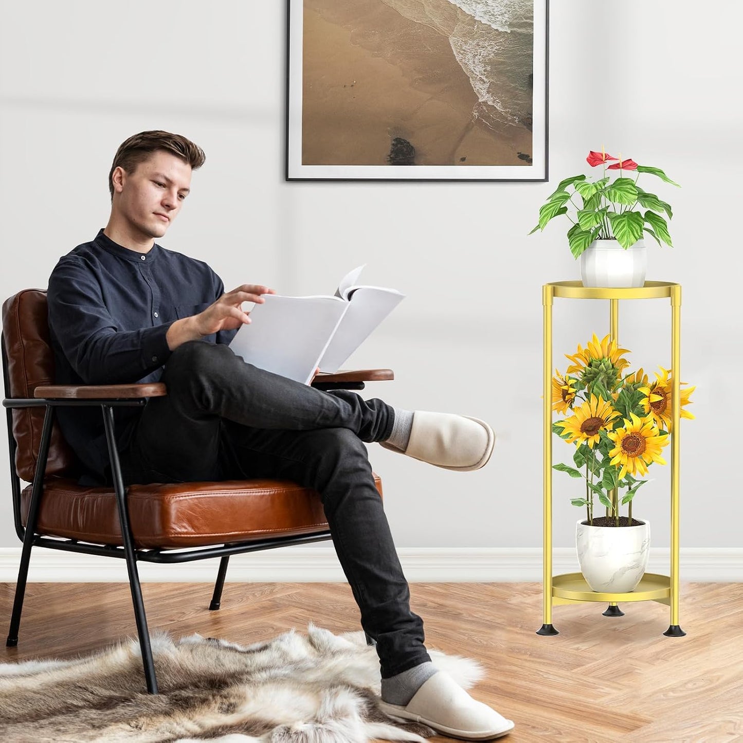 KMOTASUO 2 Tier Metal Plant Stand Tall for Indoor Outdoor Corner, Gold | Heavy Duty Flower Holder Rack, Modern Vertical