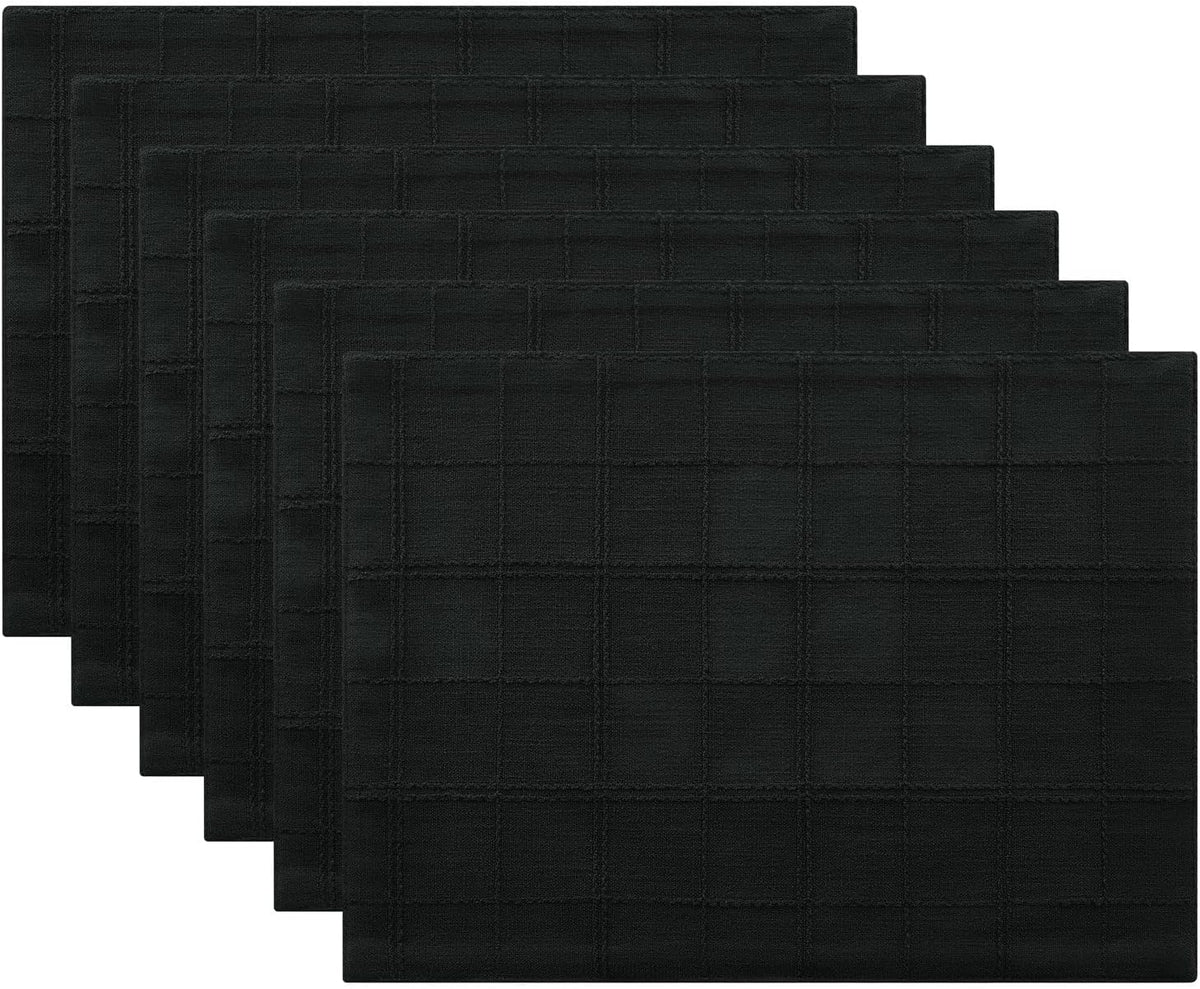Linen Checked Farmhouse Placemats Set of 6, Black 13x19in | Double Layer, Reversible, Thick Textured Table Mats, Raised