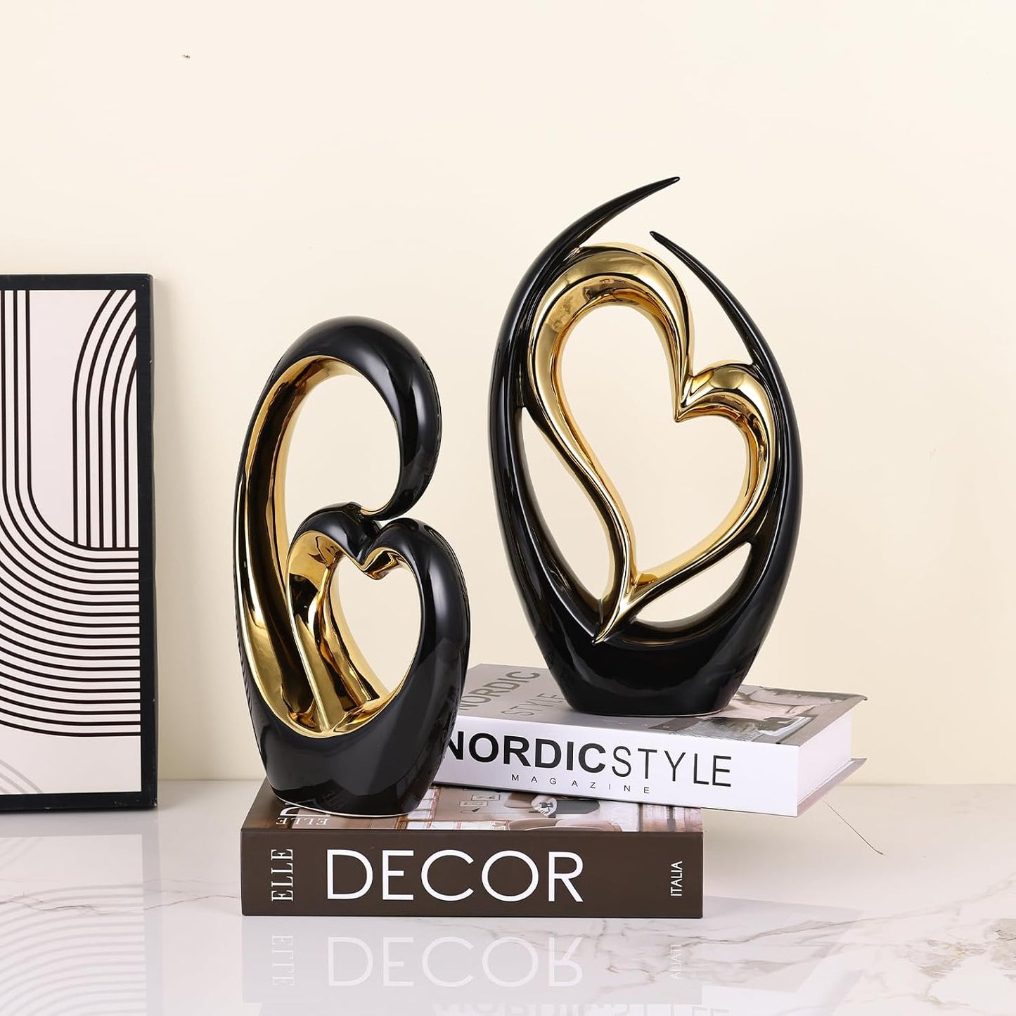 Heart Decor Ceramic Heart Statue Modern Shelves Knick Knacks Decor / Black and Gold