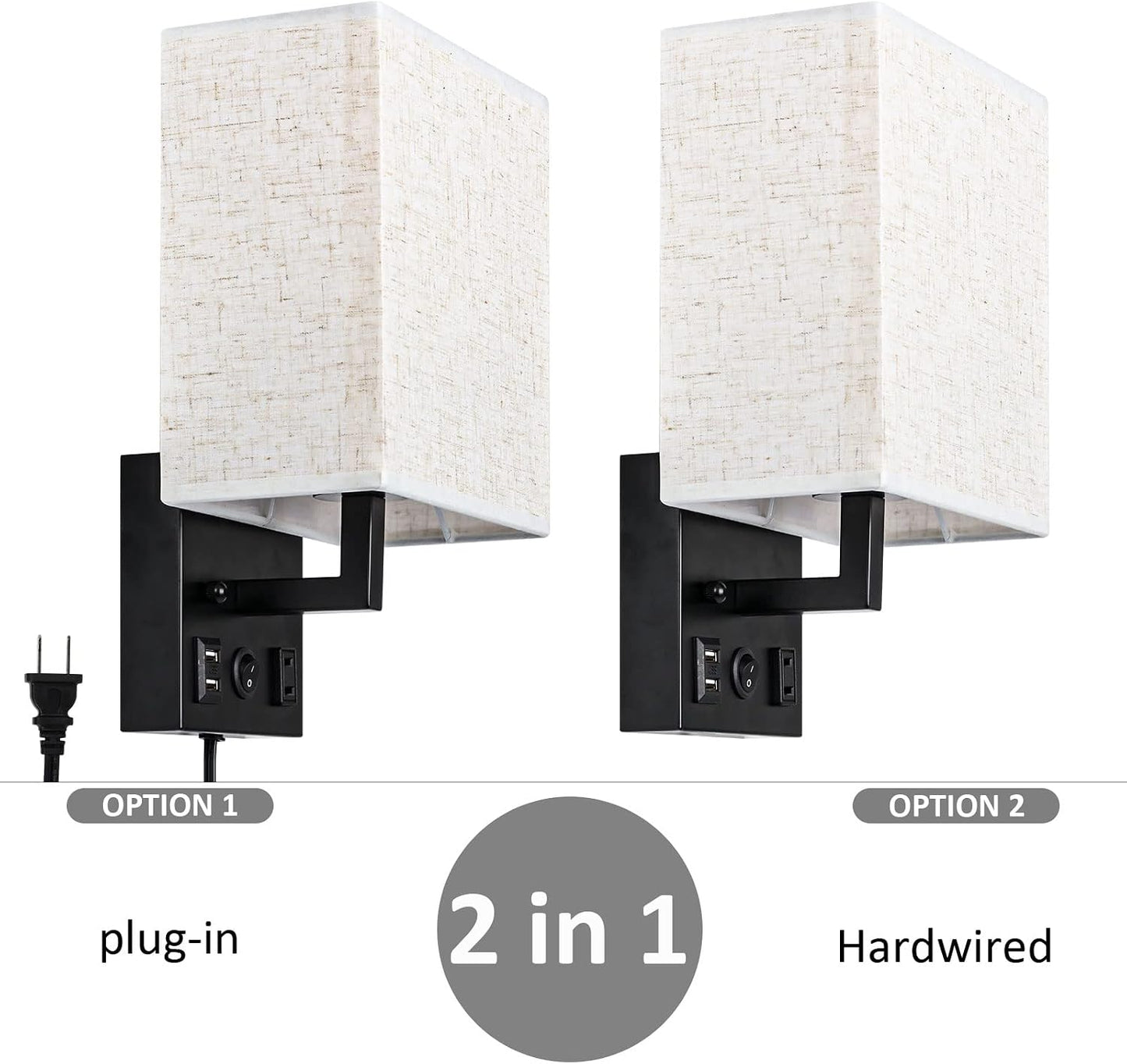 CADUKE Bedside Wall Lamp Set of 2, Plug in Wall Sconce with USB Charging Port and AC Outlet, Modern Black Brushed