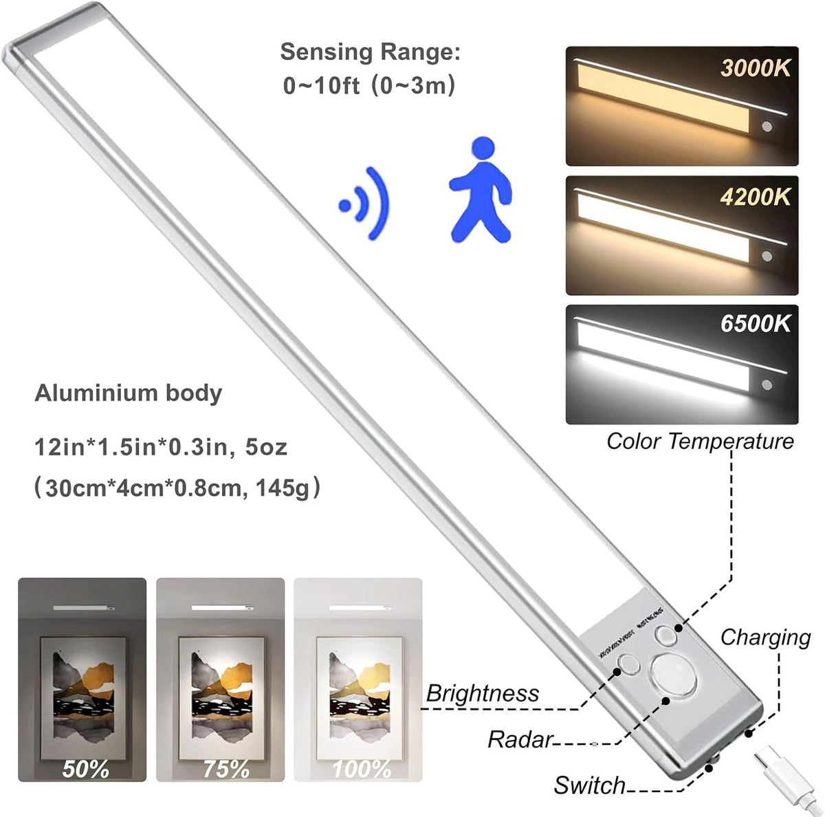 6 Pack Under Cabinet Lighting, 12in Rechargeable Motion Sensor Light Indoor | 3 Color Temperatures, 88 LEDs, Wireless