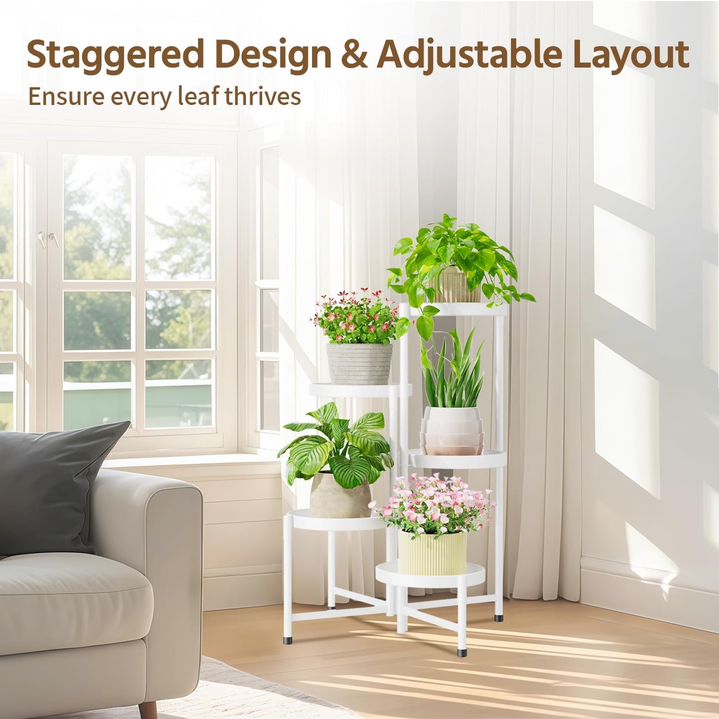 LASZOLA Plant Stand Indoor with 10 Inch Large Metal Tray, 5 Tier White | Corner Tall Folding Flower Display Rack