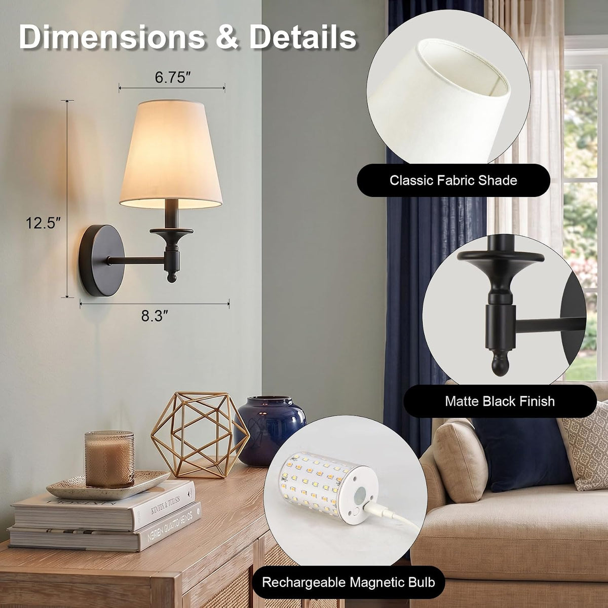 Black Wireless Wall Sconce Set of 2, Battery Operated Wall Lights with Remote Control & 3 CCT Color Temperature