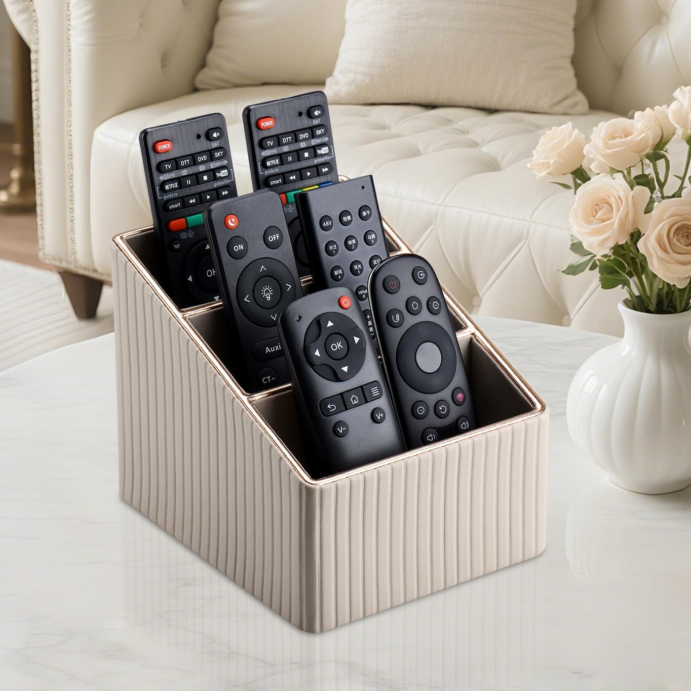3 Slot PU Leather Remote Controller Holder / Dark Beige