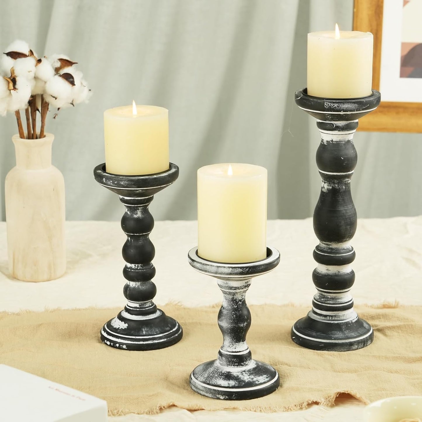 Wood Pillar Candle Holder: Rustic Distressed Black Candle Stand | Solid Pine Wooden Decor, for 3.15" Pillar, Farmhouse