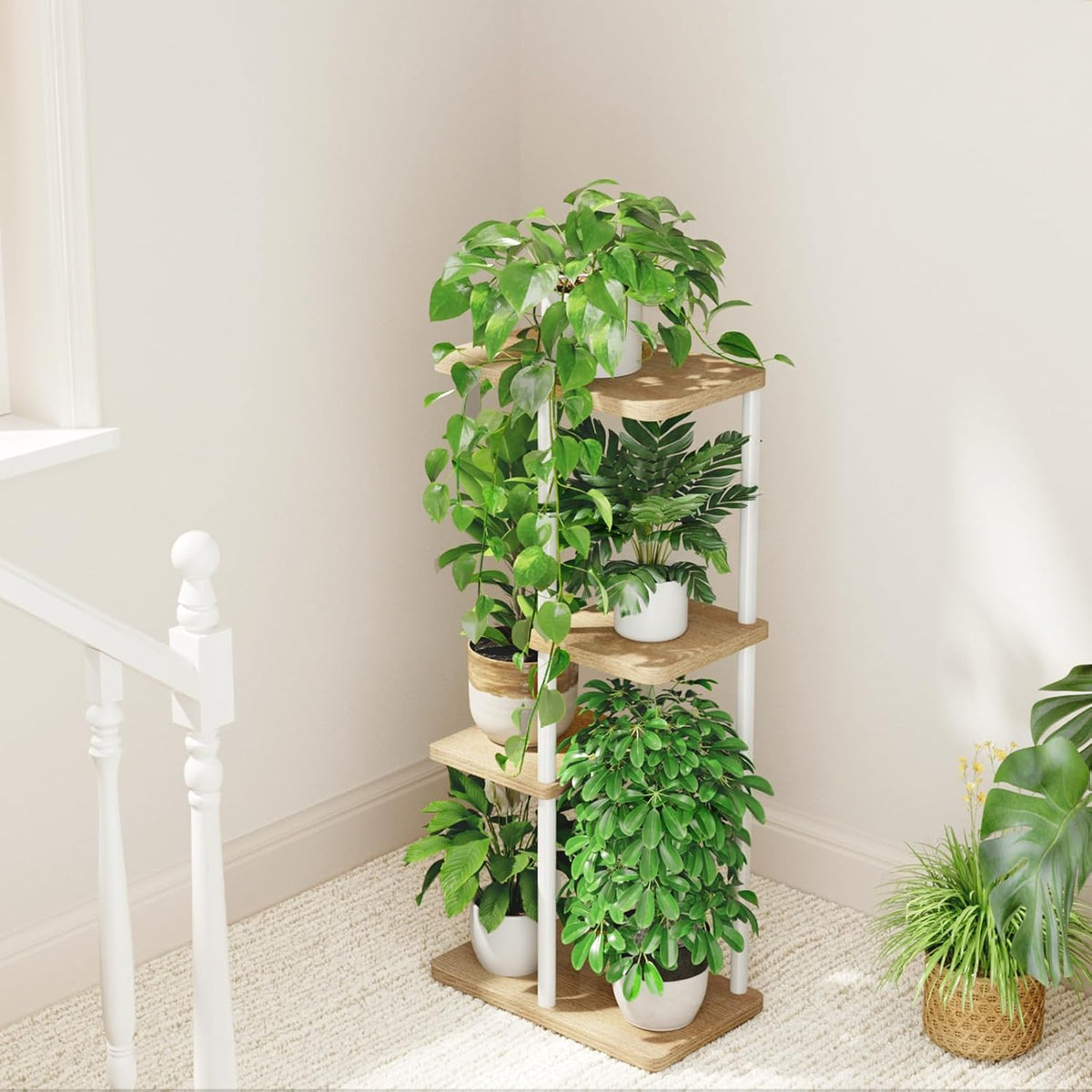 Bamworld Plant Stand 4 Tier Corner Metal Shelf White | Tiered shelf displays multiple plants in living rooms, bedrooms