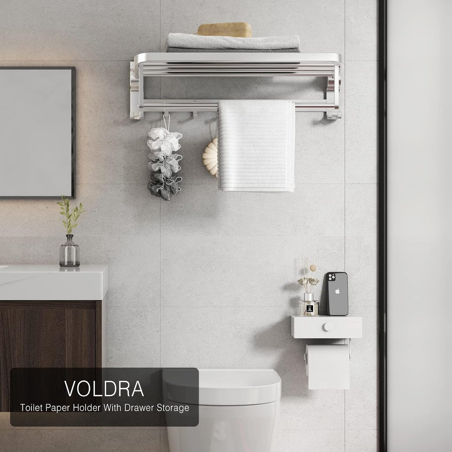 VOLDRA Toilet Paper Holder with Shelf White Wipes Dispenser for Bathroom Toilet Paper Holder with Storage Upgrade