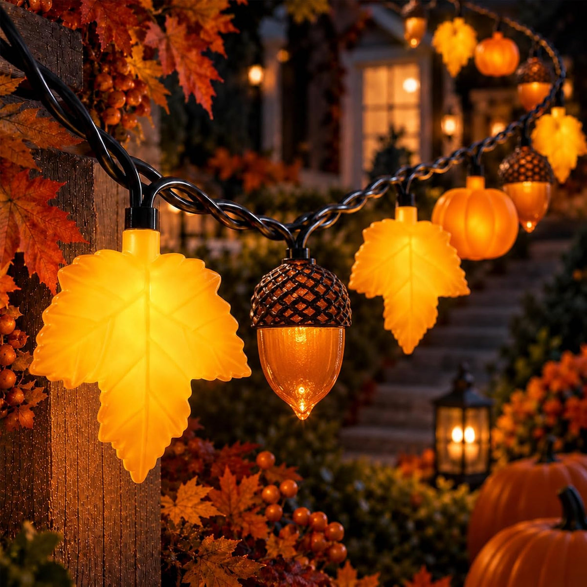 8.5FT Thanksgiving LED String Lights Plug-In 10 Pumpkin Leaves Acorn Decor