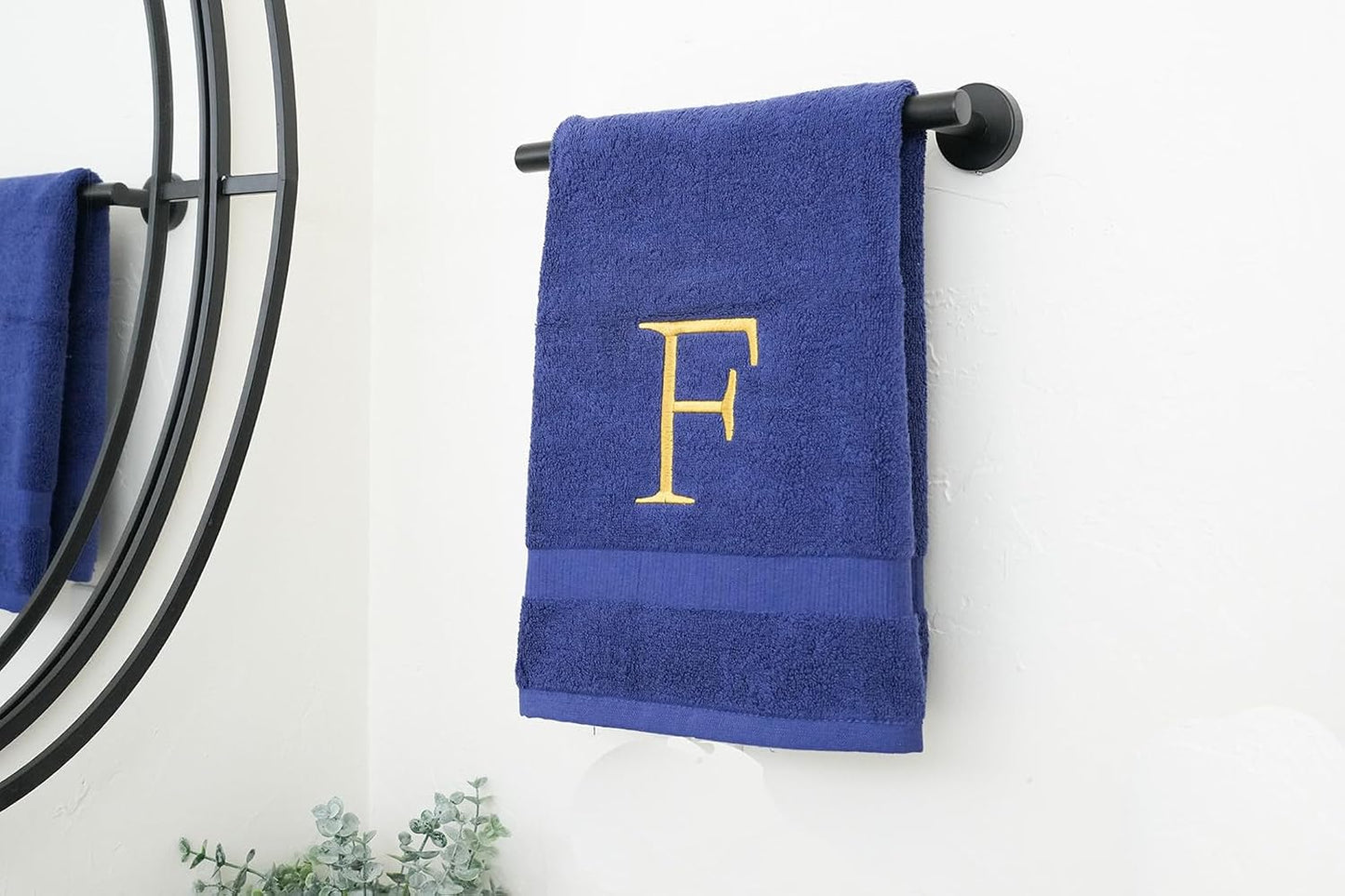 Navy with Gold Monogrammed Hand Towels for Bathroom - Set of 2 Letter F | Luxury Hotel Quality Initial Towels For