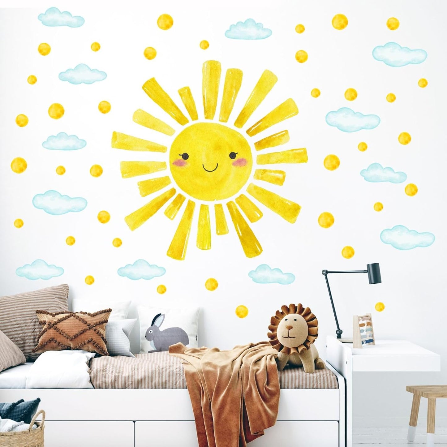 Watercolor Large Sun Wall Decals Cloud Polka Dots Wall Stickers for Kids Room / Smile Sun