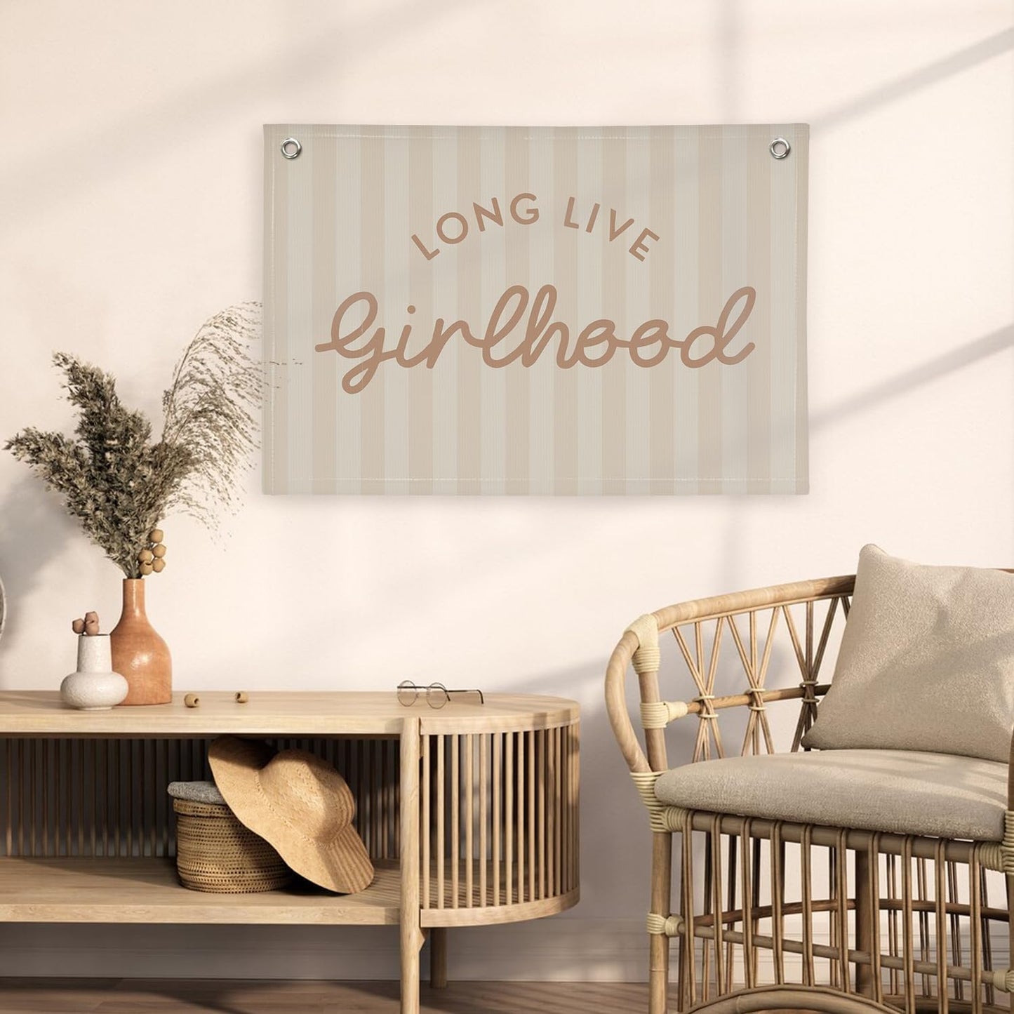 Girls Room Decor Long Live Girlhood Linen Banner Hanging Flag / Long Live Girlhood Khaki / Pink