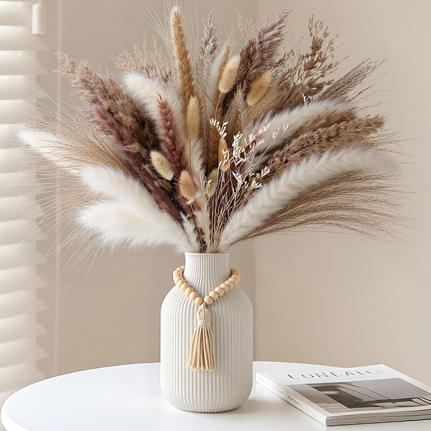 Ceramic Vase / Boho Ribbed Vase / White / 7.9 Inch
