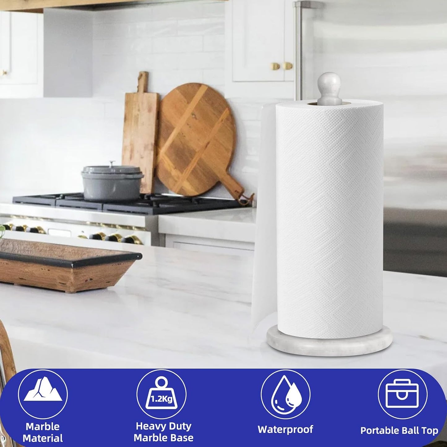 Natural Marble Paper Towel Holder for Kitchen Countertop - 2.6 lbs (1.2kg) Heavy Duty Weighted Base for One-Handed