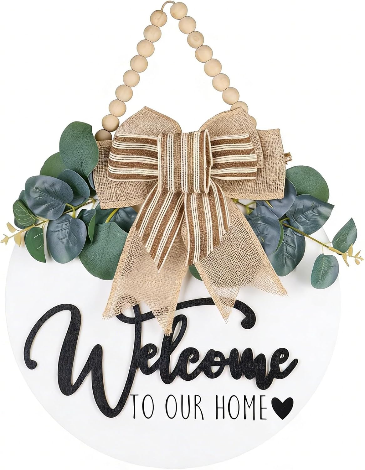CondorPasea 3D Welcome Door Sign - 12" Round Solid Wooden Hanging Sign with Artificial Leaves & Rustic Beads, All