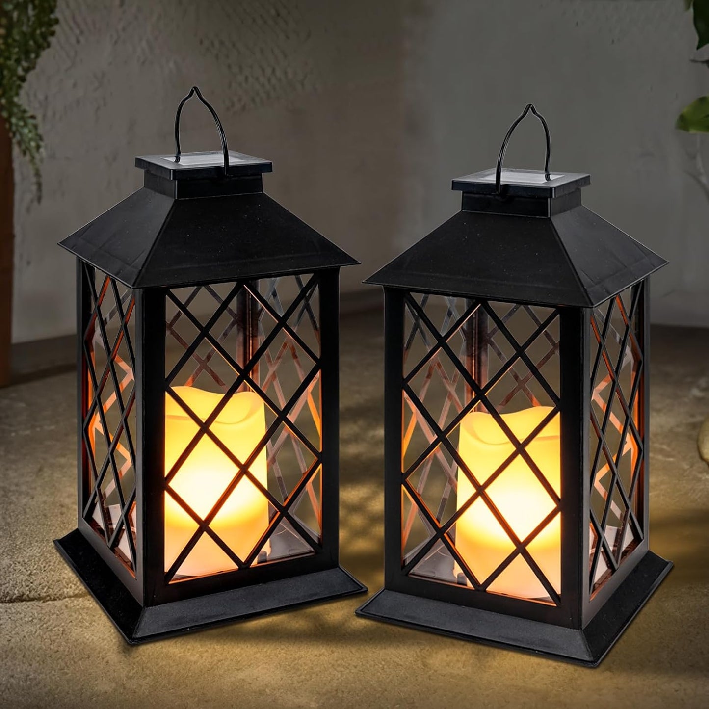 Homemory 2 Pack 13'' Black Solar Lanterns, Flickering Flame Hanging Lights | Realistic Flickering Flame Creates Cozy