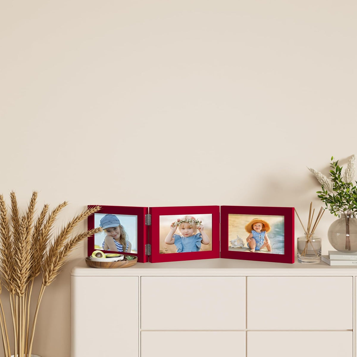 decorUhome Red Triple 7x5 Picture Frame Horizontal, MDRD08 | "Z" Shape Folding Design Engineered Wood Trifold Photo