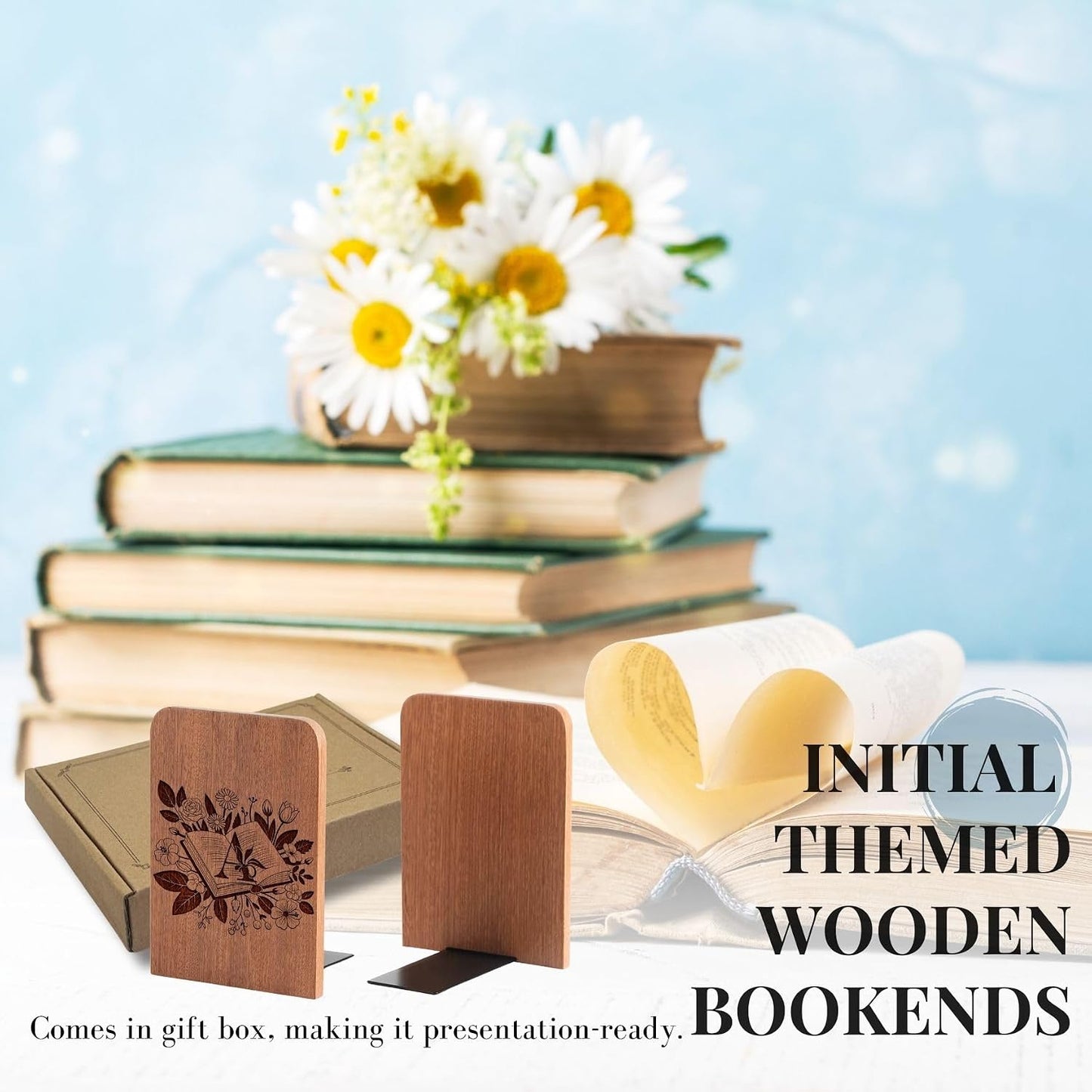 Wood Bookends / Heavy Duty Iron & Ebony Wood Book Ends / A